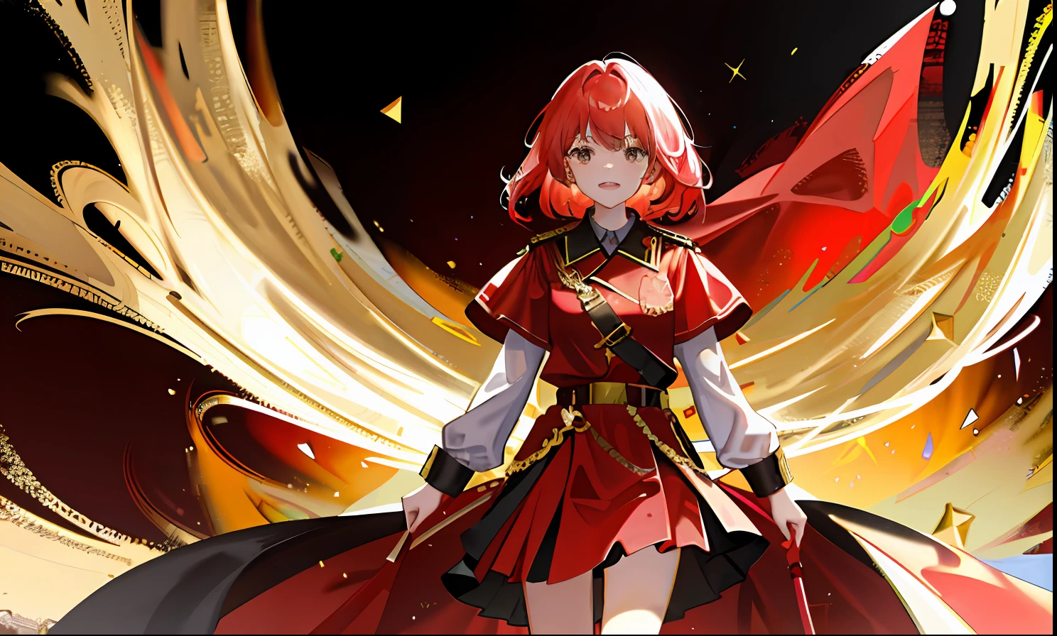 1girll, flag of Soviet Union，red tinted hair ，Golden eyes，Red Army robes，Gold accents，divino，gold light，Domineering，One hand crosses the waist，Mighty