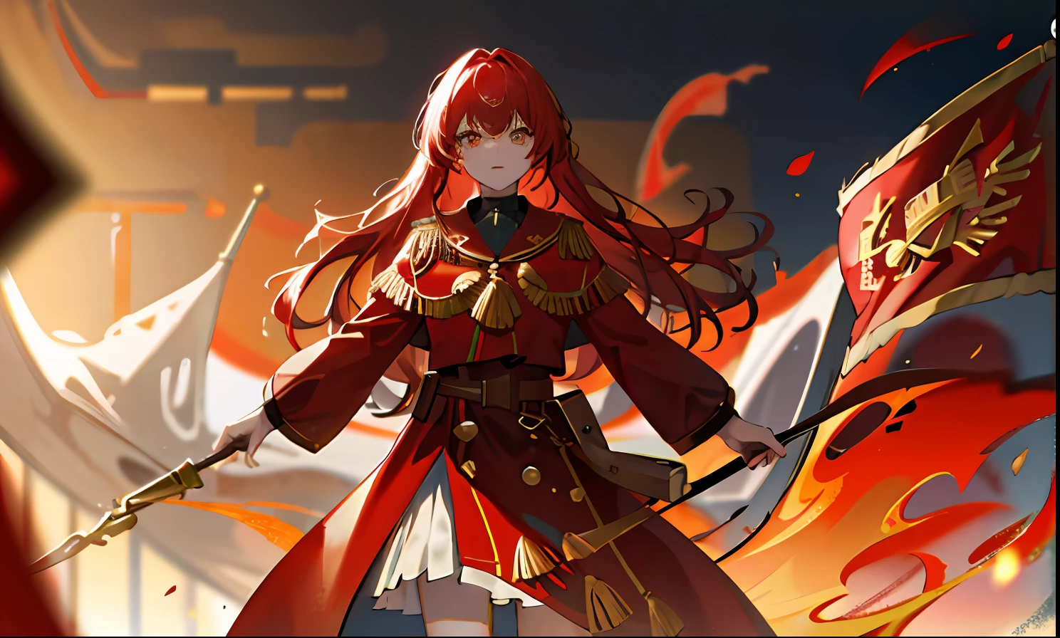1girll, flag of Soviet Union,red tinted hair ,Golden eyes,Red Army robes,Gold accents,divino,gold light,Domineering,One hand crosses the waist,Mighty