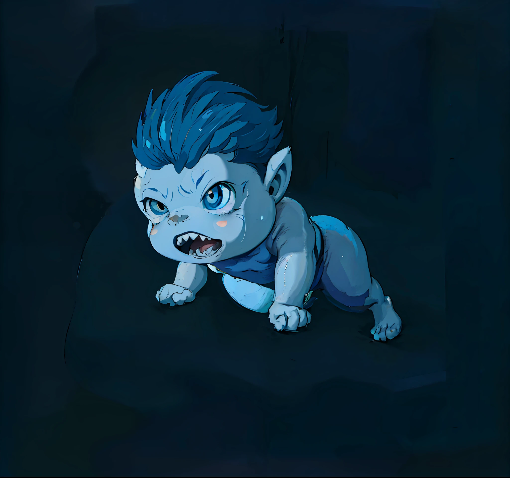 There was a boy with teeth and a bare body, lovely digital painting, Stylized 2D rendering, cartoon creature, Blue-black skin demon baby,
