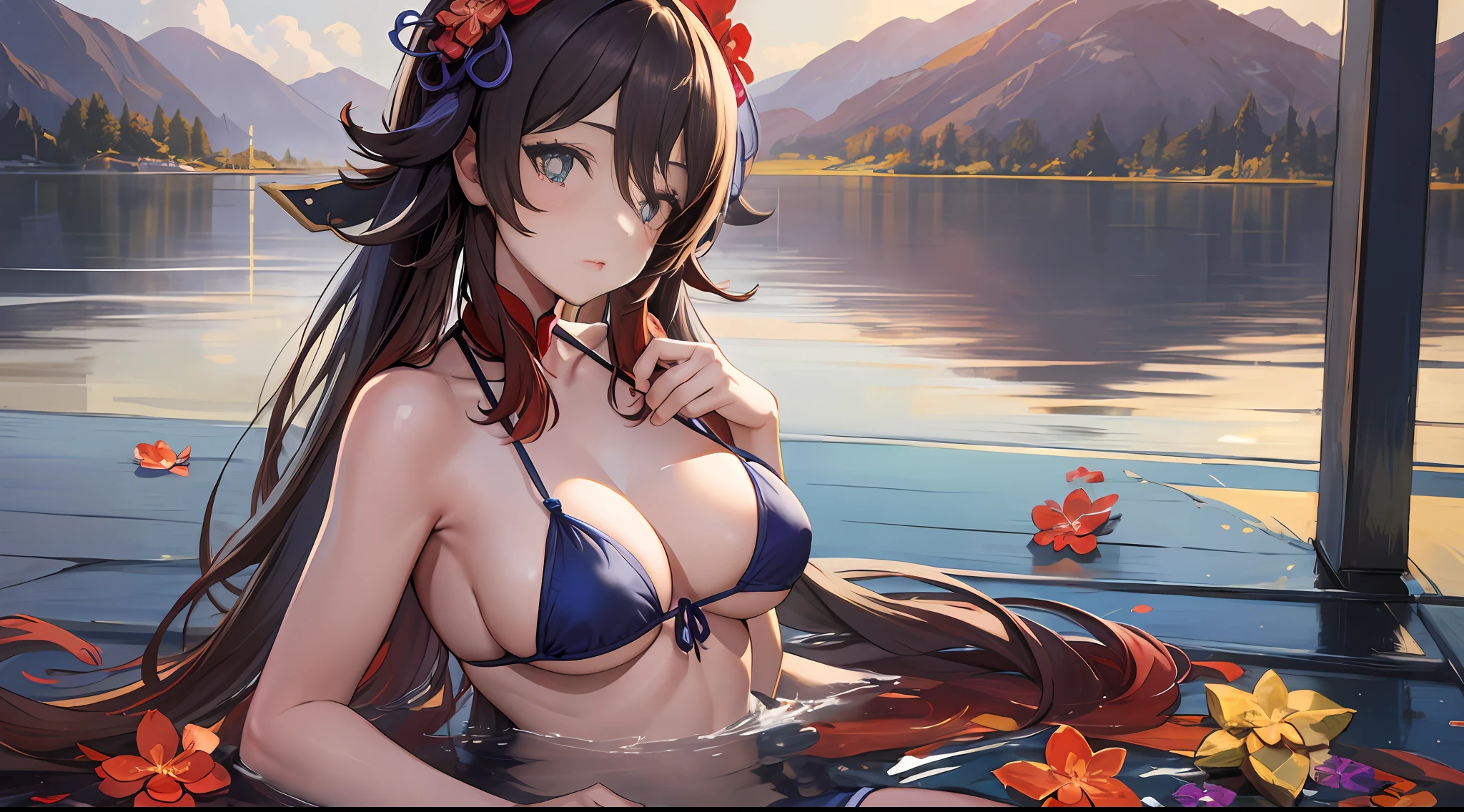 hu tao \(genshin impact\), Iwhole body, (NSTDA.:1.2), (10, beste-Qualit, master-piece: 1.4), ultra-high resolution, (lifelike, photorealistic portrait: 1.48), 20 age, Cute Girl, (Look neatly through the bikini:1.11), Famous Japanese actors, Beautiful breasts, Blue Eyes, Head tilt, cowboy shot, from the side, looking at the audience, expressionless, Beautiful lake, Zeiss 150mm F/ 2.8 Hasselblad, Whole body, foot, Ultra-Wide Angle
