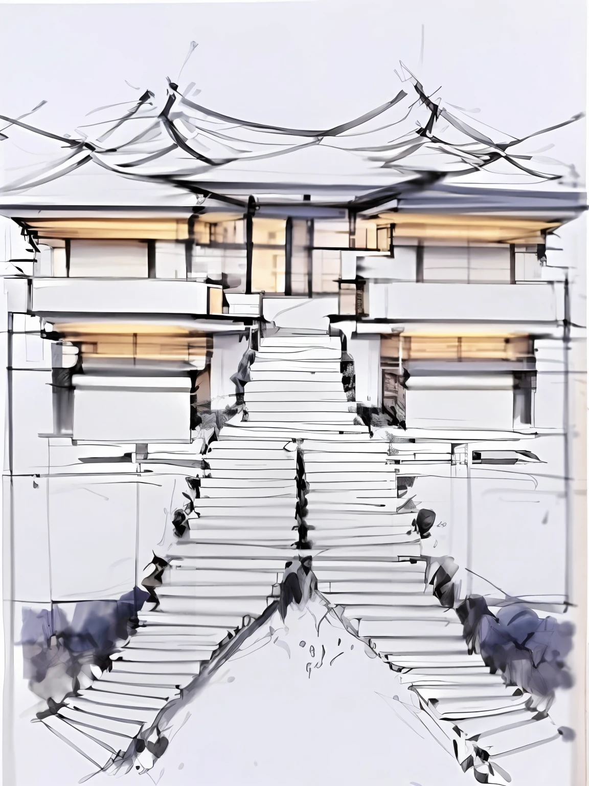 (Monochrome2.0), (original sketch2.0), (architectural sketch2.0), (colorless2.0), (sketch stroke2.0), sketch, sketch, pen_sketch_style, sketch of a traditional Chinese architectural complex. The complex consists of multiple buildings with roofs. The buildings are connected by a series of pathways and bridges. The complex is surrounded by trees, no lighting, does not draw architectural details, No details, Preliminary outline