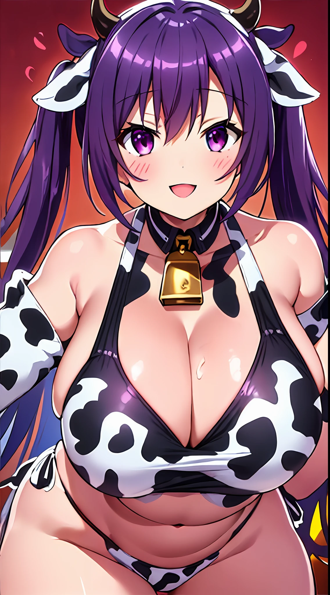 (masutepiece:1.0), (Illustration), (Extremely detailed), (1girl in), (huge-breasted), (Massive), (Smile), (Looking at Viewer), (Twintail), (Leaning forward), (Cow paint:1.1), (bikini of), (heart mark), (lake)