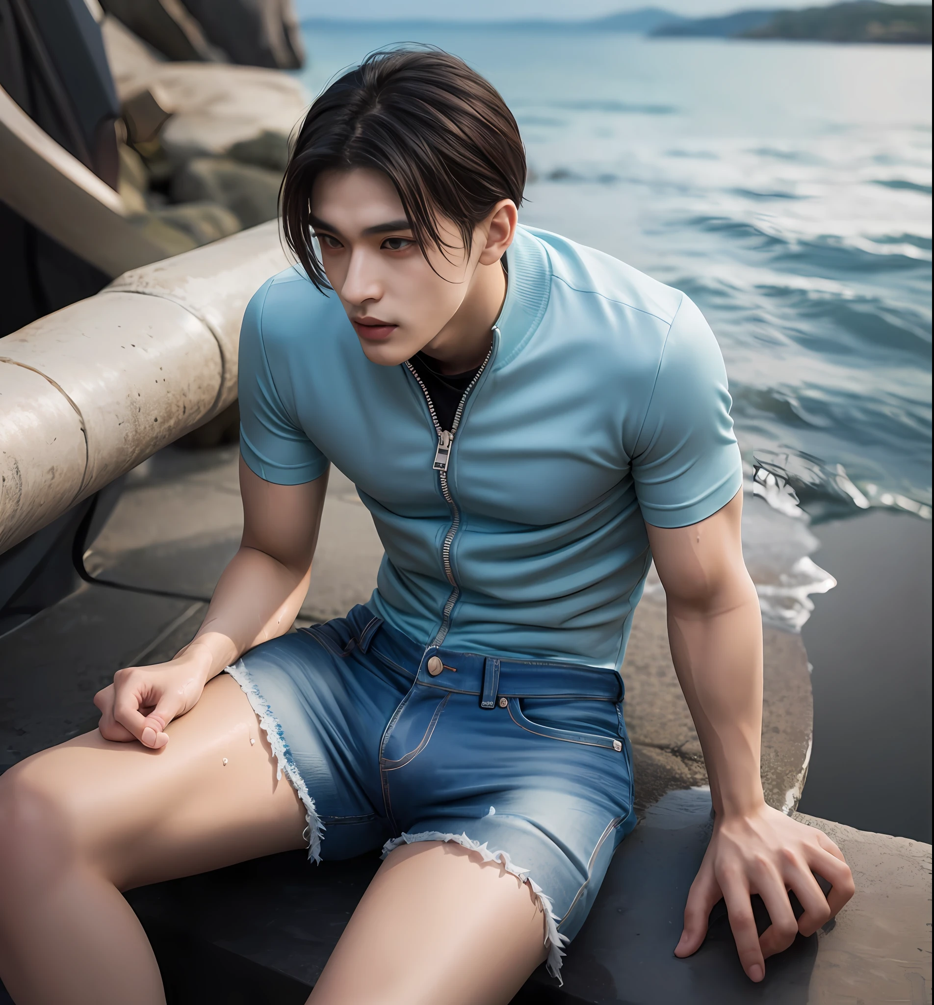 Alafed man sitting on a ledge near the sea, Korean Male, Cai Xukun's, yangjun chen, hong june hyung, Inspired by Adam Dalio Kiel, blue tight t-shirt, Jinyoung Shin, male model, Hyuntae, Asian Male, inspired by Zhang Han, wonbin lee, jung jaehyun, inspired by Joong Keun Lee, smooth blue skin