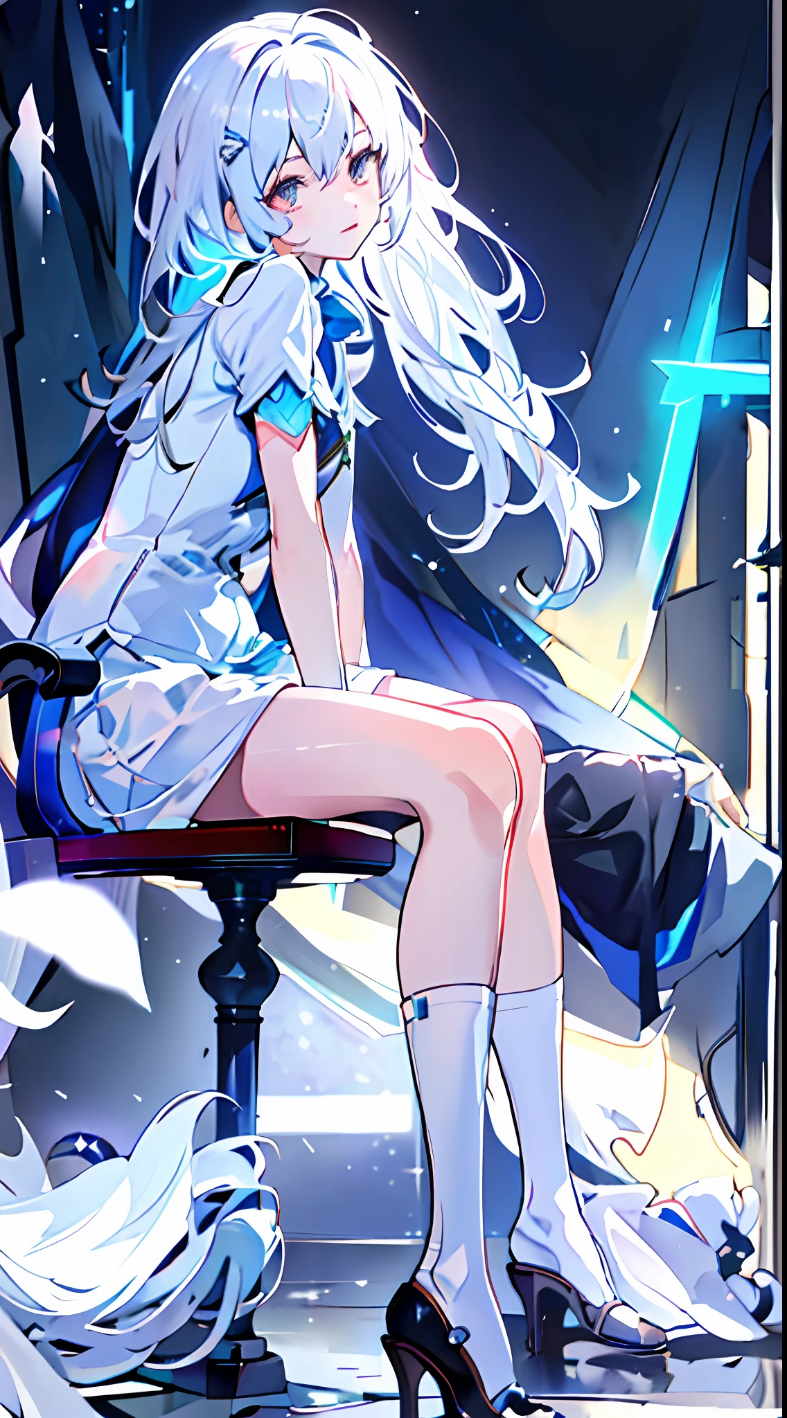 Anime girl sitting in chair，legs crossed, Guweiz in Pixiv ArtStation, trending on artstation pixiv, Digital art on Pixiv, Guweiz on ArtStation Pixiv, trending on cgstation, white-haired god, Kushatt Krenz Key Art Women, wearing white clothes, Best Rated on pixiv, Pixiv style，Cinematic lighting effects，Plain white background