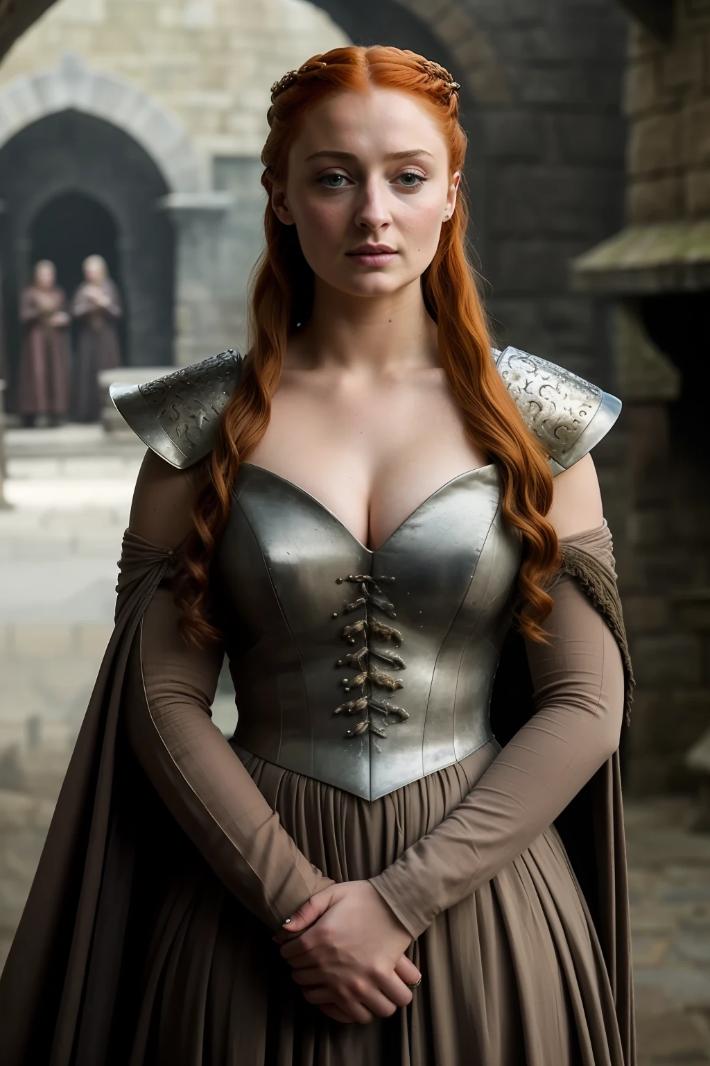 Masterpiece,De facto Lady of the Eyrie, queen of the north,Best quality, big breast, Mediaeval sexy costumes, game of the thrones like costume, a close up of a woman of mediaeval times, sansa stark, sansa, looks like sophie turner, sophie turner, scene from game of thrones, deep cleavage, warrior princess, healthy body, perfect thick body, attractive figure, fleshy body, style of game of thrones,gorgeous lady,gorgeous woman, stunning woman, still from game of thrones, game of thrones style, 8k, insane details, dress made of clothes and jewelry, round shaped face,