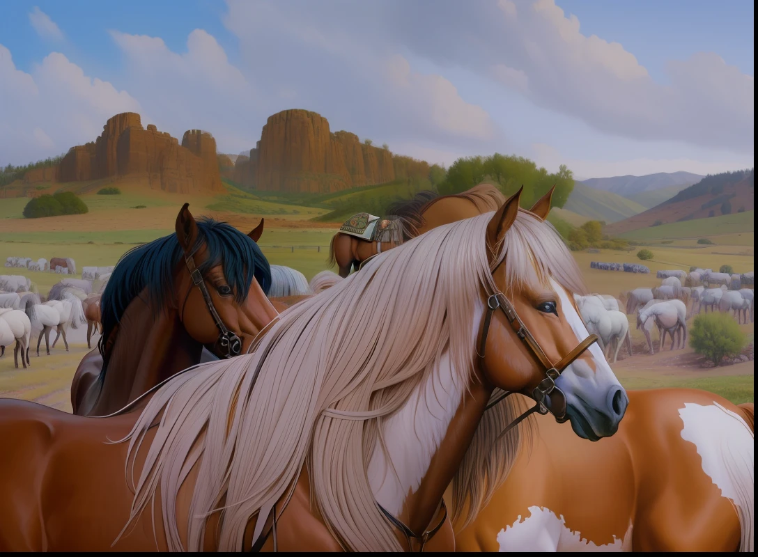A vibrant, 64k resolution wall hanging of majestic ponies, (no humans), painted in the art style of Bev Doolittle with intricate details and a stunningly realistic finish photo quality to complement painting by Monett.