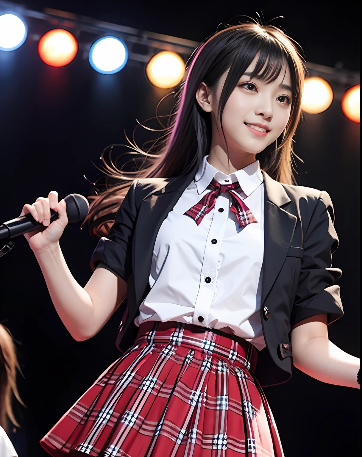 Masterpiece, best picture quality, beautiful girl, 15 years old, long hair, black hair, bangs, idol outfit, white blouse, short red checked skirt, red checked jacket, ribbon type tie, from waist up, background is live concert venue, detailed eyes, big eyes, puffy eyes, huge smile, facing front, real photo, real photo, double eyelids, Japanese girl, beautiful Asian girl, facing straight on, close-up, white blouse,