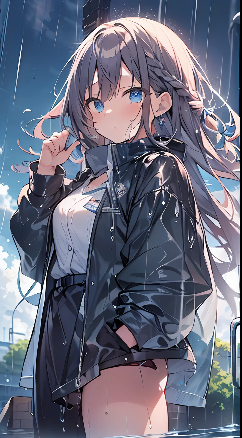 masutepiece, Best Quality,Illustration, Wallpaper, Ultra Detail, absurderes, 1girl in, Solo, (Semi-long hair、short braided hair), Beautiful detailed eyes, rainfall、water dripping、wetting hair , Wet clothes, (Street:1.3), Cloudy sky、Hair that flutters in the wind、kirakira