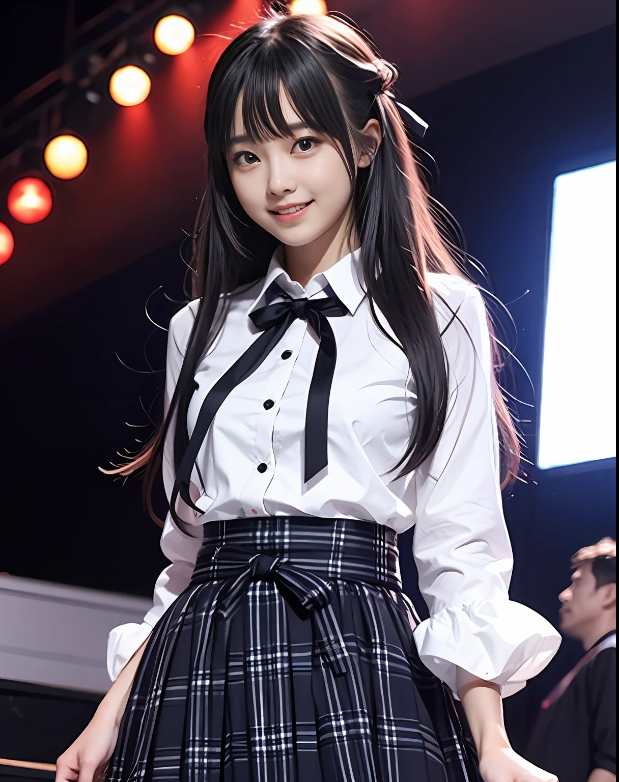 Masterpiece, best picture quality, beautiful girl, 15 years old, long hair, black hair, bangs, idol outfit, white blouse, short red checked skirt, red checked jacket, ribbon type tie, from waist up, background is live concert venue, detailed eyes, big eyes, puffy eyes, huge smile, facing front, real photo, real photo, double eyelids, Japanese girl, beautiful Asian girl, facing straight on, close-up, white blouse,