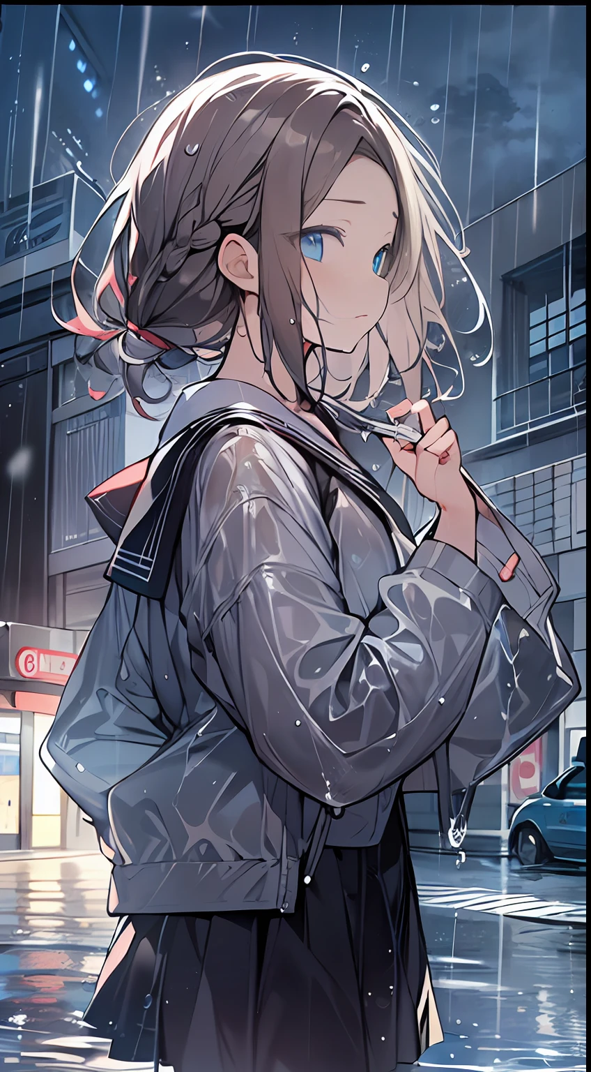 masutepiece, Best Quality,Illustration, Wallpaper, Ultra Detail, absurderes, 1girl in, Solo, (Semi-long hair、short braided hair), Beautiful detailed eyes, rainfall、water dripping、wetting hair , Wet clothes, (Street:1.3), Cloudy sky、Hair that flutters in the wind、kirakira