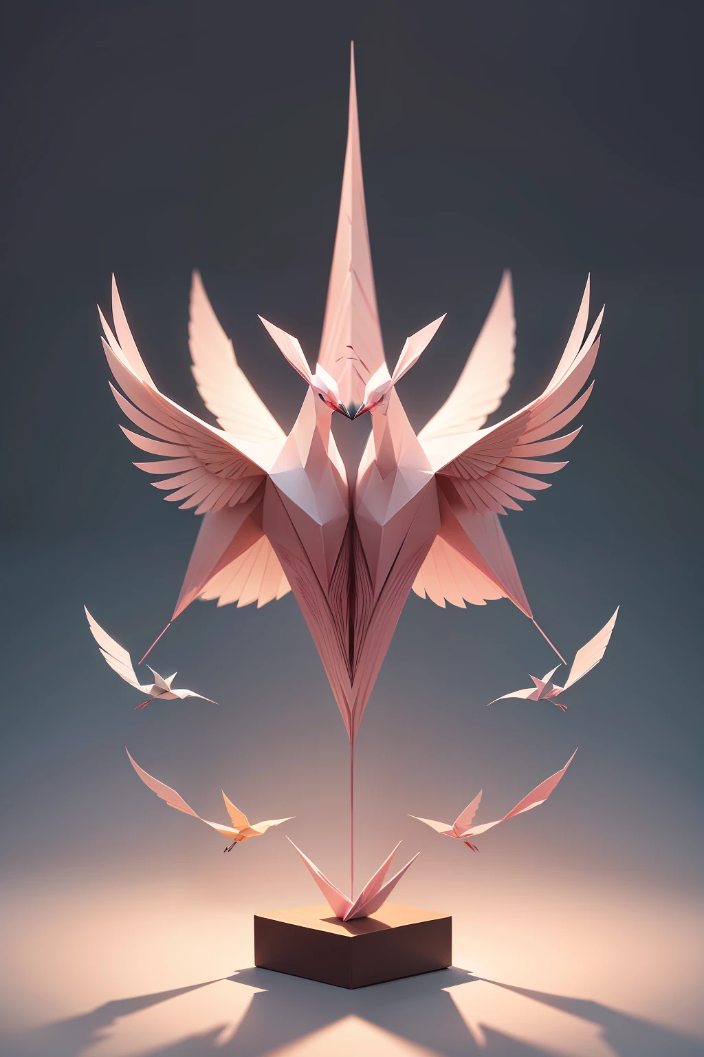 In a clever display，A series of origami cranes are grouped together in a mesmerizing arrangement。The delicate paper birds show exquisite craftsmanship and intricate folds，The beauty of this traditional Japanese art form is displayed。In flocks of birds，A bizarre pink crane stands out，It adds a touch of color to the otherwise monotonous scene。Another pink bird，Made with the same skill and grace，Helps to show the overall sense of harmony and unity。This fascinating origami crane combination proves patience、Creativity and the power to transform simple materials into stunning works of art。