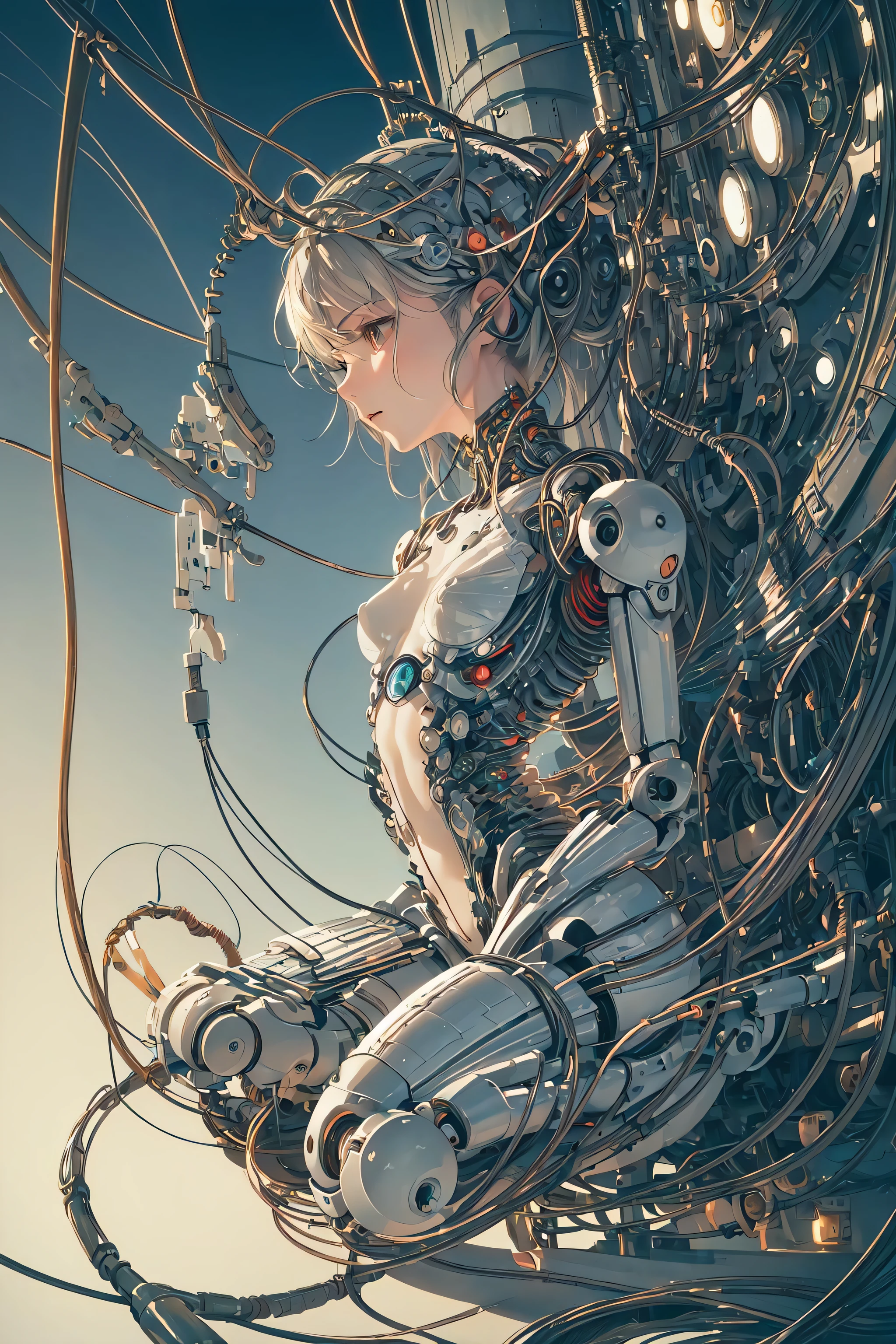 (((masterpiece))), (((best quality))), ((ultra-detailed)), (highly detailed CG illustration), ((an extremely delicate and beautiful)),(cute delicate face),cinematic light,((1mechanical girl)),solo,full body,(machine made joints:1.4),((machanical limbs)),(blood vessels connected to tubes),((mechanical vertebra attaching to back)),((mechanical cervial attaching to neck)),((sitting)),expressionless,(wires and cables attaching to head and body:1.5),(character focus),science fiction