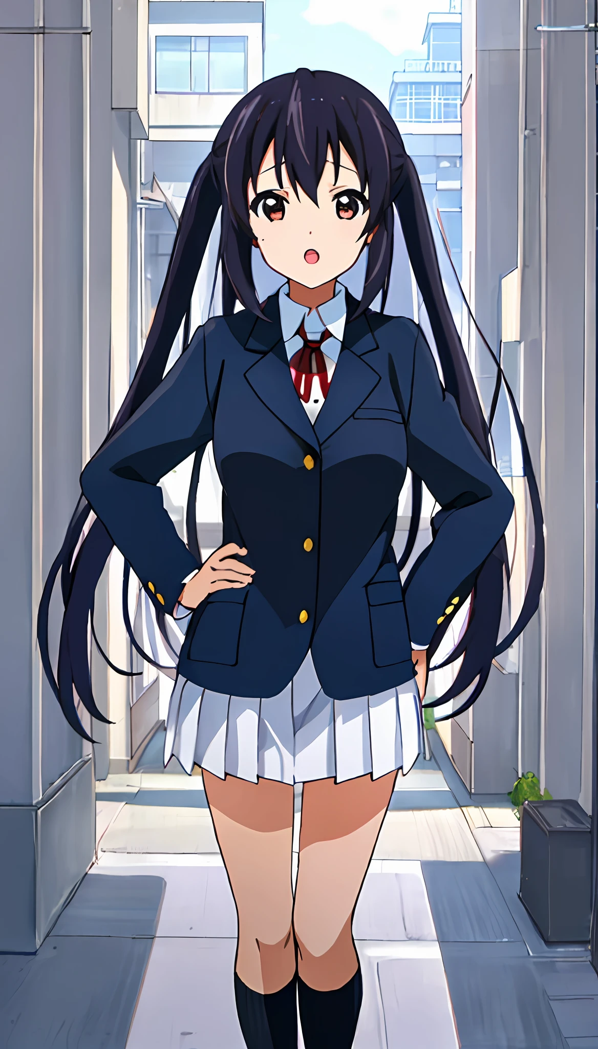 1girl, (((masterpiece))), top-quality, top-quality, High Details, nakano azusa, 1girl, Sakuragaoka High School Uniform, student clothes, Twin-tailed, length hair, A dark-haired, brown-eyed, 独奏, reddish, Dark blue blazer with thin red ribbon, Solid white buttoned shirt under blazer, illustratio, comic strip, soothing tones, Subdued Color, Soft cinematic light, adobe lightroom, photolab, HDR, intricately and hyper-detailed、(((depth of fields))))。(((masterpiece)))。(((top-quality))).)((ultra-detailliert)))。(((illustratio)))。(((takeout))).dynamic focus.big breasts.(((Skyscrapers))).(((A city scape))).(((Face of sadness))). open mouth.(((put hands on the hip))).(((up chest))).((evening glow)).((the setting sun)).