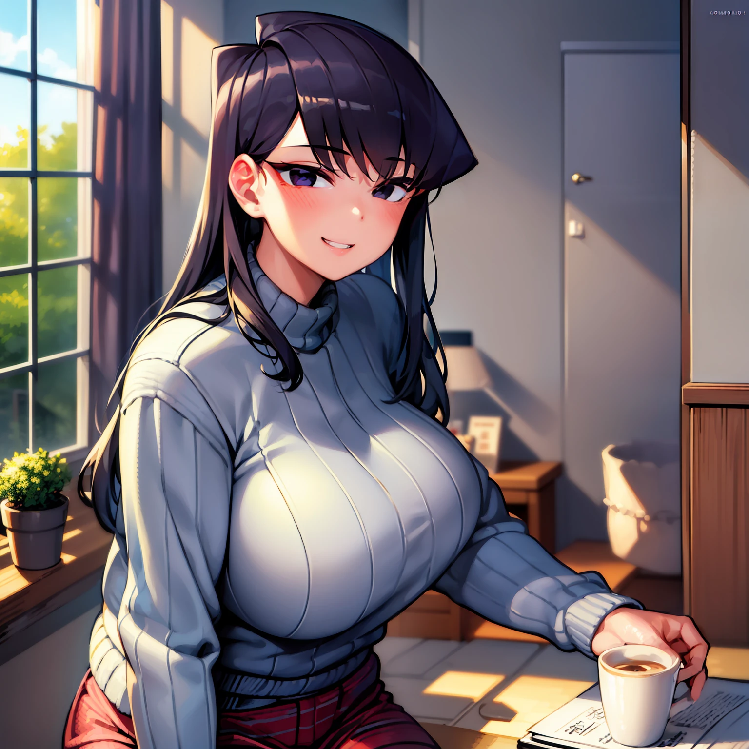 (komishuuko),beautiful,masterpiece, best quality, extremely detailed face,perfect lighting,smile,indoors,bedroom,window,beautiful backdrop,long sleeve sweater,denim pants,(gigantic breasts:1.3),sunny,looking at viewer,(1girl:1.3)