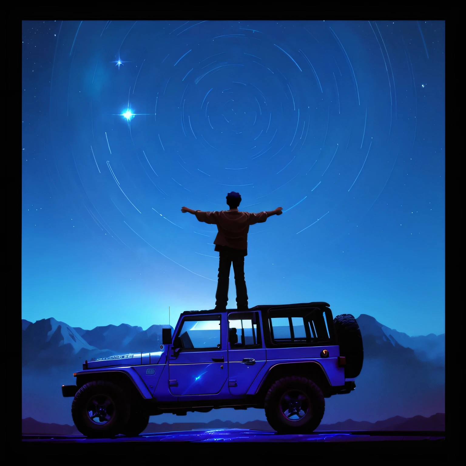 Drawing a young man standing on the roof of a jeep,arms out, Facing the rotating starlight layer ,animated movie still, breathtaking art, Inspired by Robert McCall, Astral projection, floating among stars, John Schottcher, animated movie still, arms stretched wide, Inspired by Tim White, Inspired by Quint Buchholtz, Inspired by Aaron Douglas