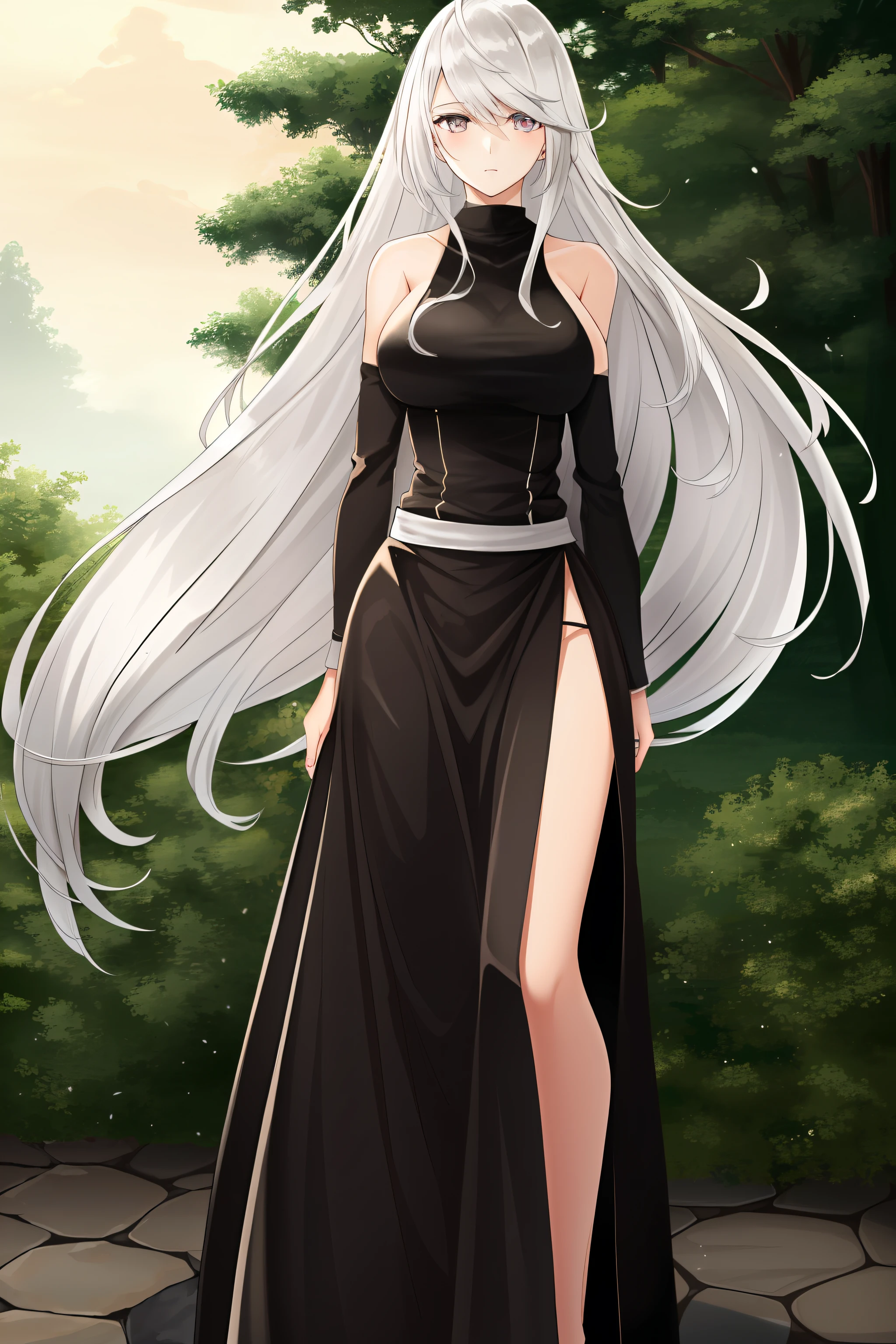 Tall girl with white long hair and silver eyes
