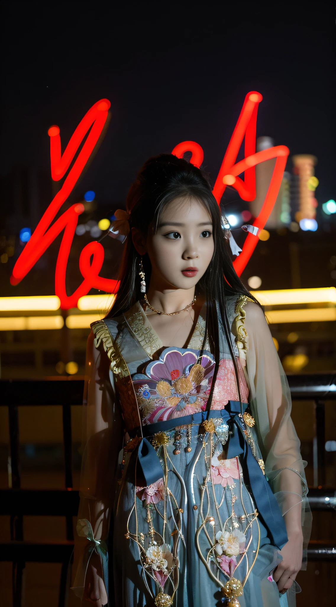 Woman in traditional costume standing in front of neon lights at night, Palace , A girl in Hanfu, shaxi, Traditional Chinese clothing, Wearing ancient Chinese clothes, Chinese girl, Hanfu, chinese artist, with acient chinese clothes, A young Asian woman, Chinese costume, Chinese woman, full-body xianxia, mingchen shen, Album art