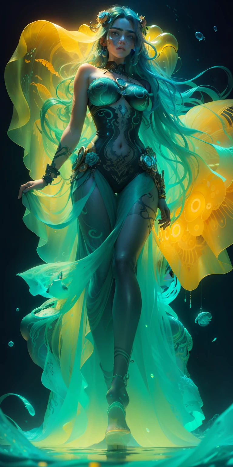 Cinematic, beautiful woman underwater with floating hair,  8k, hyperdetailed face, detailed hair, van gogh style vibrant, detailed hair, detailed eyes, neon, glass style, oil paint master piece, iridescent henna tattoo, steampunk, neon glowing jellyfish, hyperdetailed face, detailed hair, vibrant, 8k, magical, surrealism, neon glow, from below