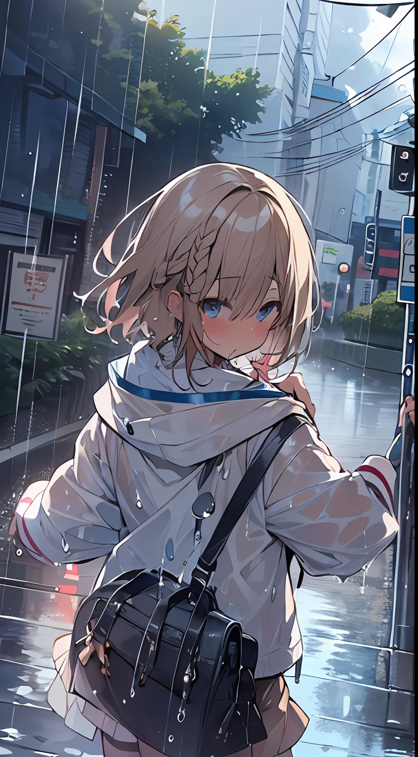 masutepiece, Best Quality,Illustration, Wallpaper, Ultra Detail, absurderes, 1girl in, Solo, (Medium short hair、short braided hair), Beautiful detailed eyes, rainfall、water dripping、wetting hair , Wet clothes, (Street:1.3), Cloudy sky、Hair that flutters in the wind、kirakira