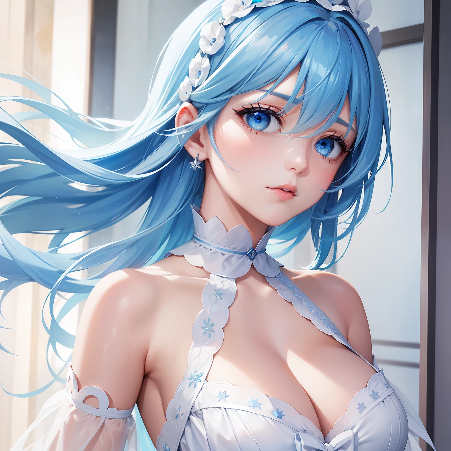 a women, blue hair, blue eyes, white dress