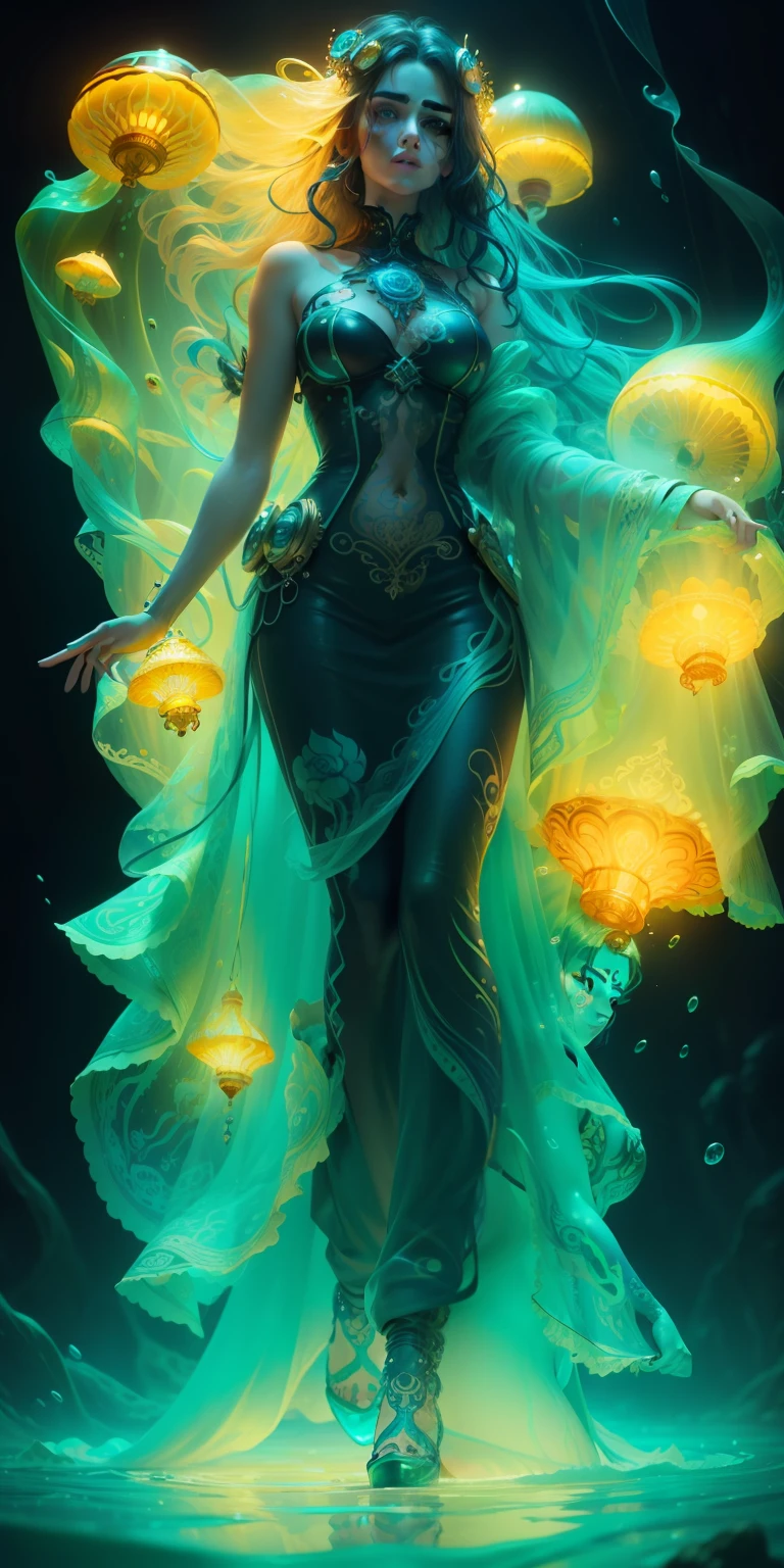 Cinematic, beautiful woman underwater with floating hair,  8k, hyperdetailed face, detailed hair, van gogh style vibrant, detailed hair, detailed eyes, neon, glass style, oil paint master piece, iridescent henna tattoo, steampunk, neon glowing jellyfish, hyperdetailed face, detailed hair, vibrant, 8k, magical, surrealism, neon glow, from below