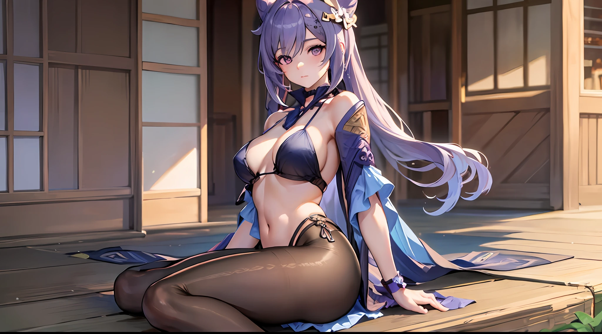 Keqing Genshin Impact, Iwhole body, (NSTDA.:1.2), (10, beste-Qualit, master-piece: 1.4), ultra-high resolution, (lifelike, photorealistic portrait: 1.48), 20 age, Cute Girl, (Look neatly through the bikini:1.11), Famous Japanese actors, Beautiful breasts, Blue Eyes, Head tilt, cowboy shot, from the side, looking at the audience, expressionless, Beautiful lake, Zeiss 150mm F/ 2.8 Hasselblad, Whole body, foot, Ultra-Wide Angle