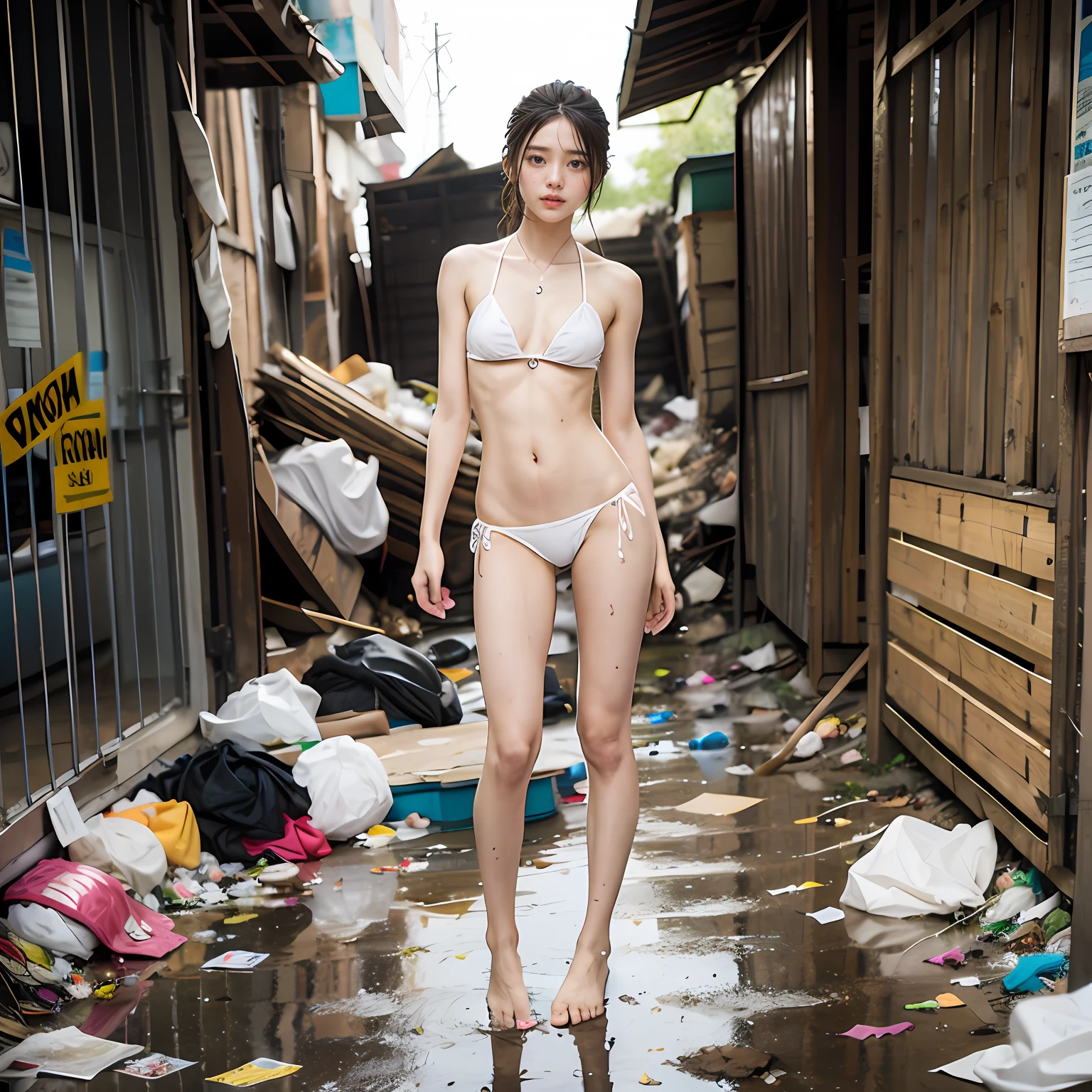 In the garbage heap，Sexy standing pose，Garbage all over the ground，grimy，Dilapidated，Devastated，White transparent bikini，best qualtiy，full-body portraits（1：1），18 years old girls，lean and slender body，Skinny，Smaller bust，The barefoot，junk，exhibitionism，exhibitionists，no clothes are worn，don't have clothes