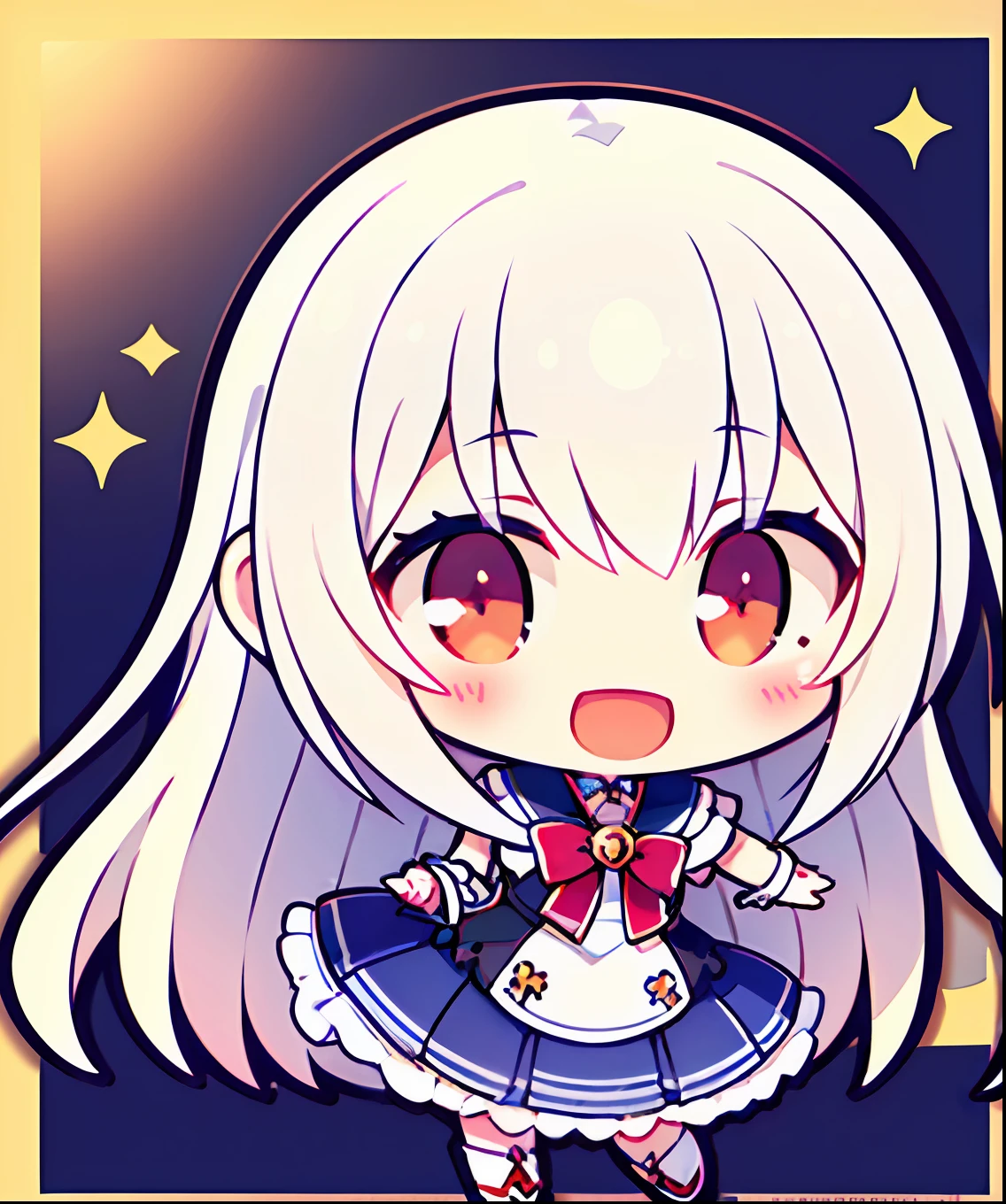 1girll, (chibi:1.3),telegraph
Viewer view, blushing, Smile, :D and, Open your mouth
Magical Girl, white haired, long  hair,  Red pupils,
While watching the viewer,