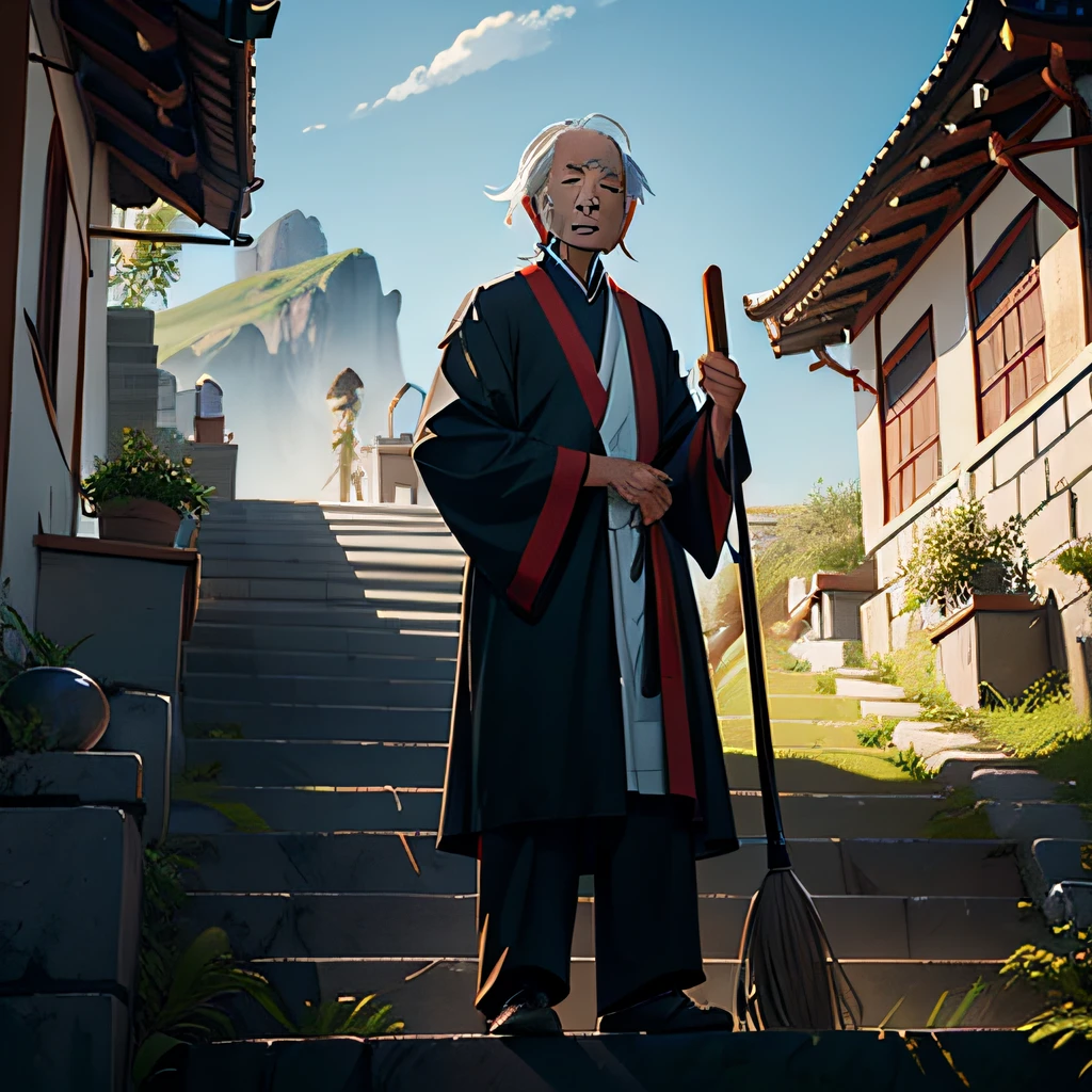 An elderly Taoist priest holding a broom in his hand showed his shocked upper body, showing the camera and standing on the stairs of the mountain
Take a broom,is shocked