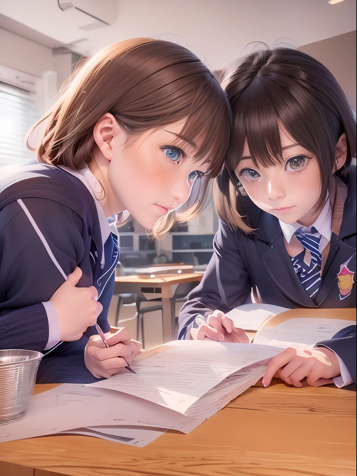 Anime image of two girls in school uniform sitting at a table, Smooth anime CG art, visual novels CG, Digital anime illustration, visual novel key visual, trying to study, official anime still, kyoto animation still, Realistic anime 3 D style, research, visual novel, ; visual novel, realistic anime artstyle, official studio anime still, Digital anime art, anime illustration