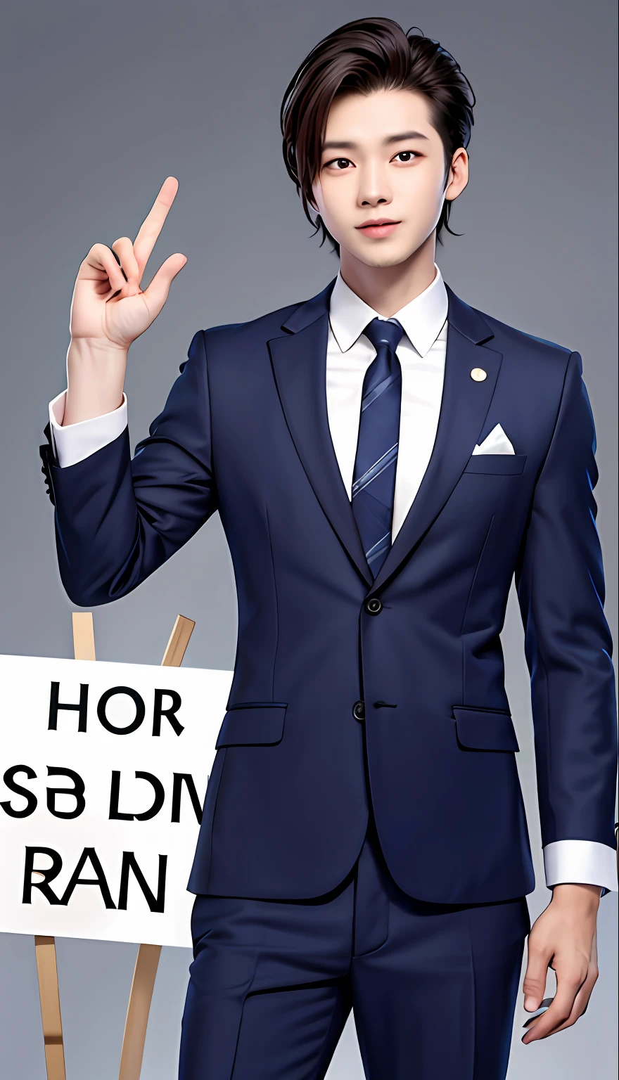 Handsome boy holding up a sign "Hao Ran"