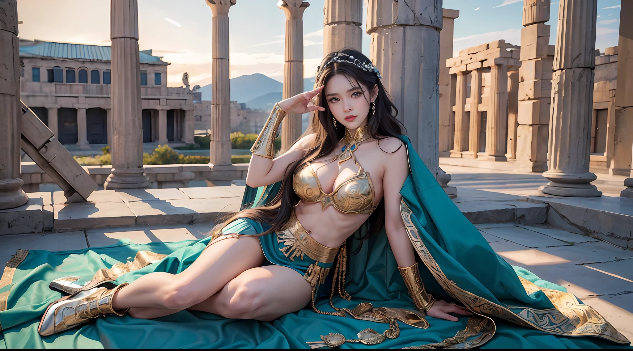 offcial art，统一 8k 壁纸，ultra - detailed，Beauty and aesthetics，high high quality，Valkyrie，tmasterpiece，Best quality at best，（zentangle，datura，Tangles，entangled：0.6），Greek temple，Large breasts，Heavy armor，complex patterns，Fighting posture，dramatics，Photorealistic, Super detail, Masterpiece, Best quality, A high resolution, 8K，full body shot shot