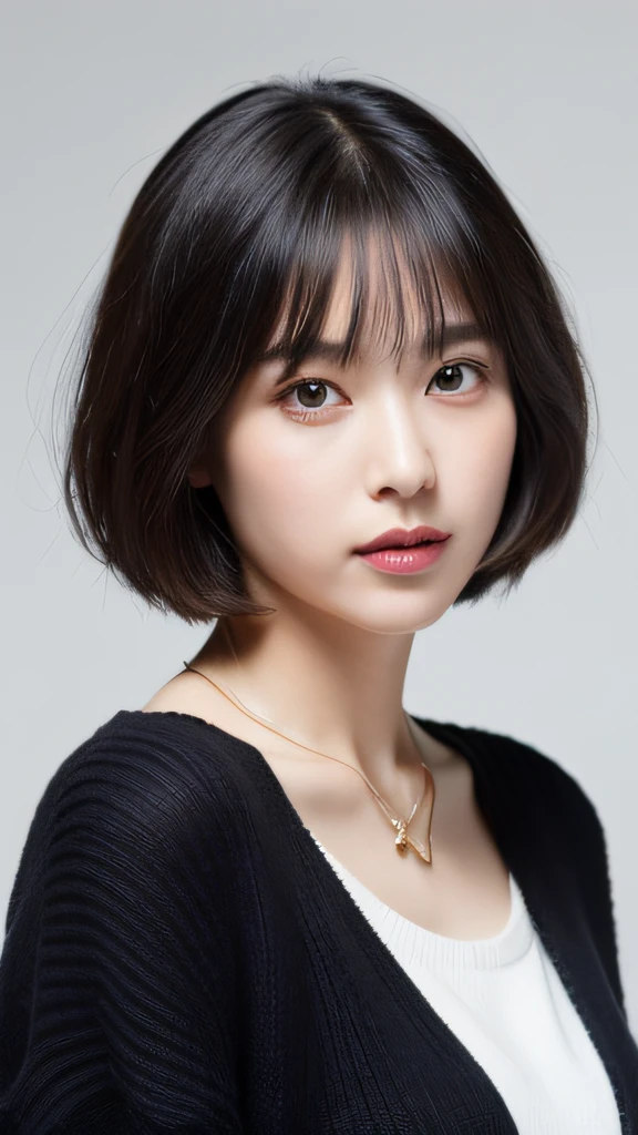 (Best quality, 8k, 32k, Masterpiece, UHD:1.2),Photo of Pretty Japanese woman, large breasts, very short bob hair,upper body,face focus,oversized_sweater, necklace, simple background, from above, looking at viewer,