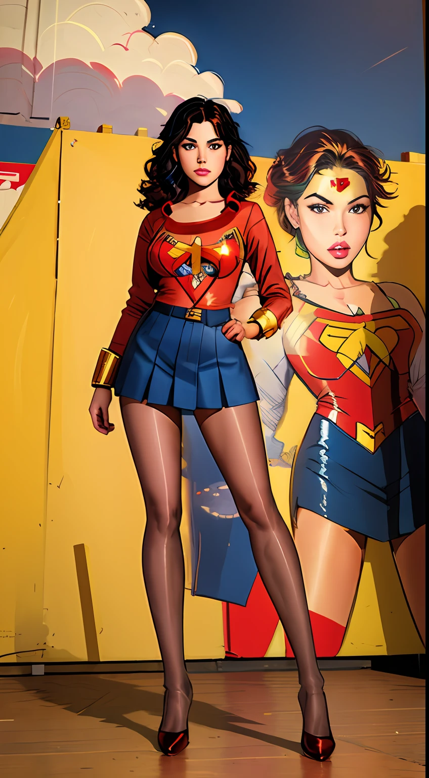 comics style, (((masterpiece))), full body view, feet in view, high resolution, gamer girl, nerd, 16 years old, beautiful, cute, city street, standing, legs wide open, Wonder Woman cosplay, pantyhose, no shoes, fabric detail, curly dyed hair, (intricate fabric:1.1), photorealistic, UHD, HDR, very detailed, (trending on artstation:1.3), Rolling Stone shoot