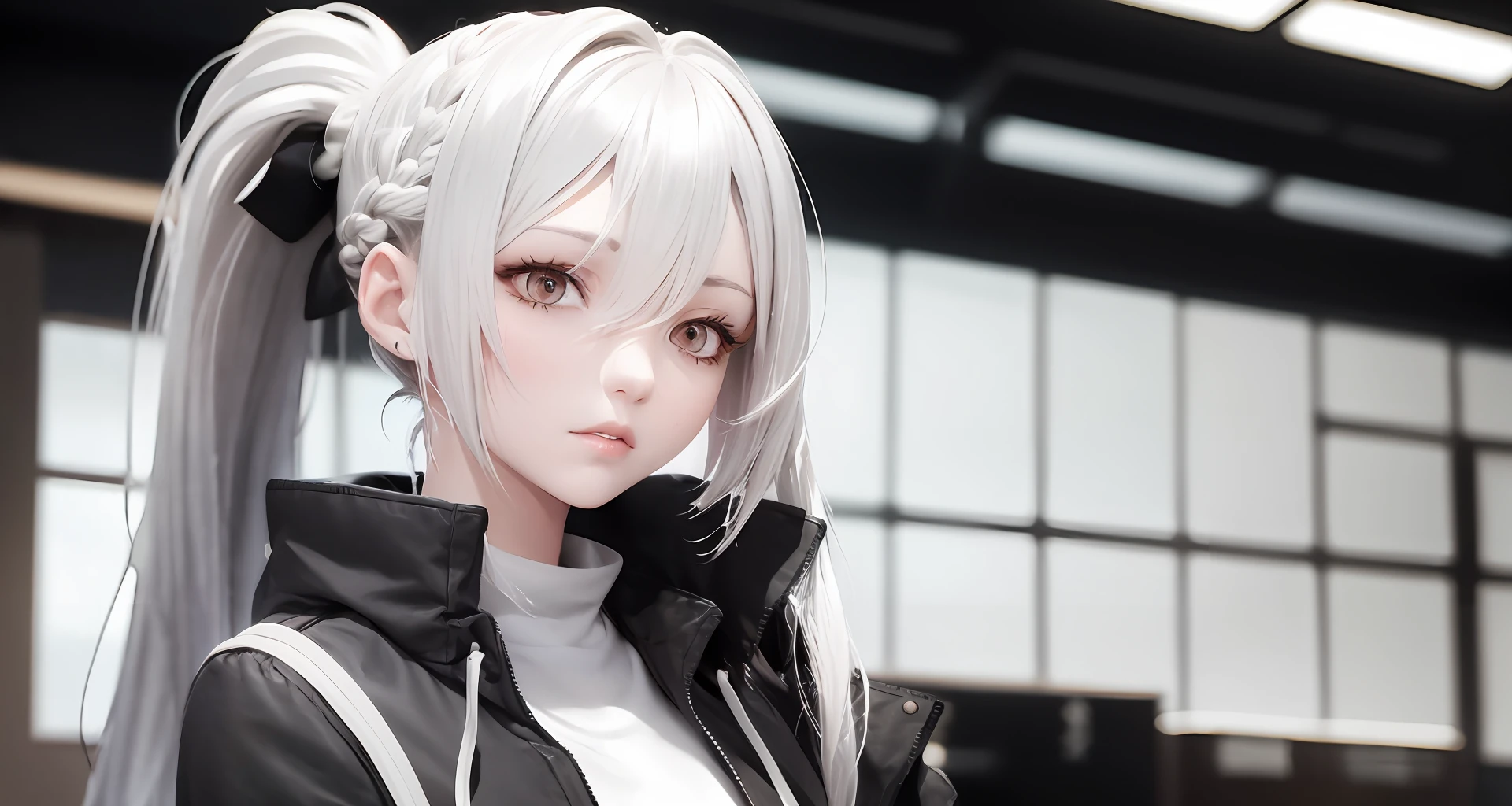 Tall girl with white long hair, braided in a ponytail with bangs on the left eye and silver eyes