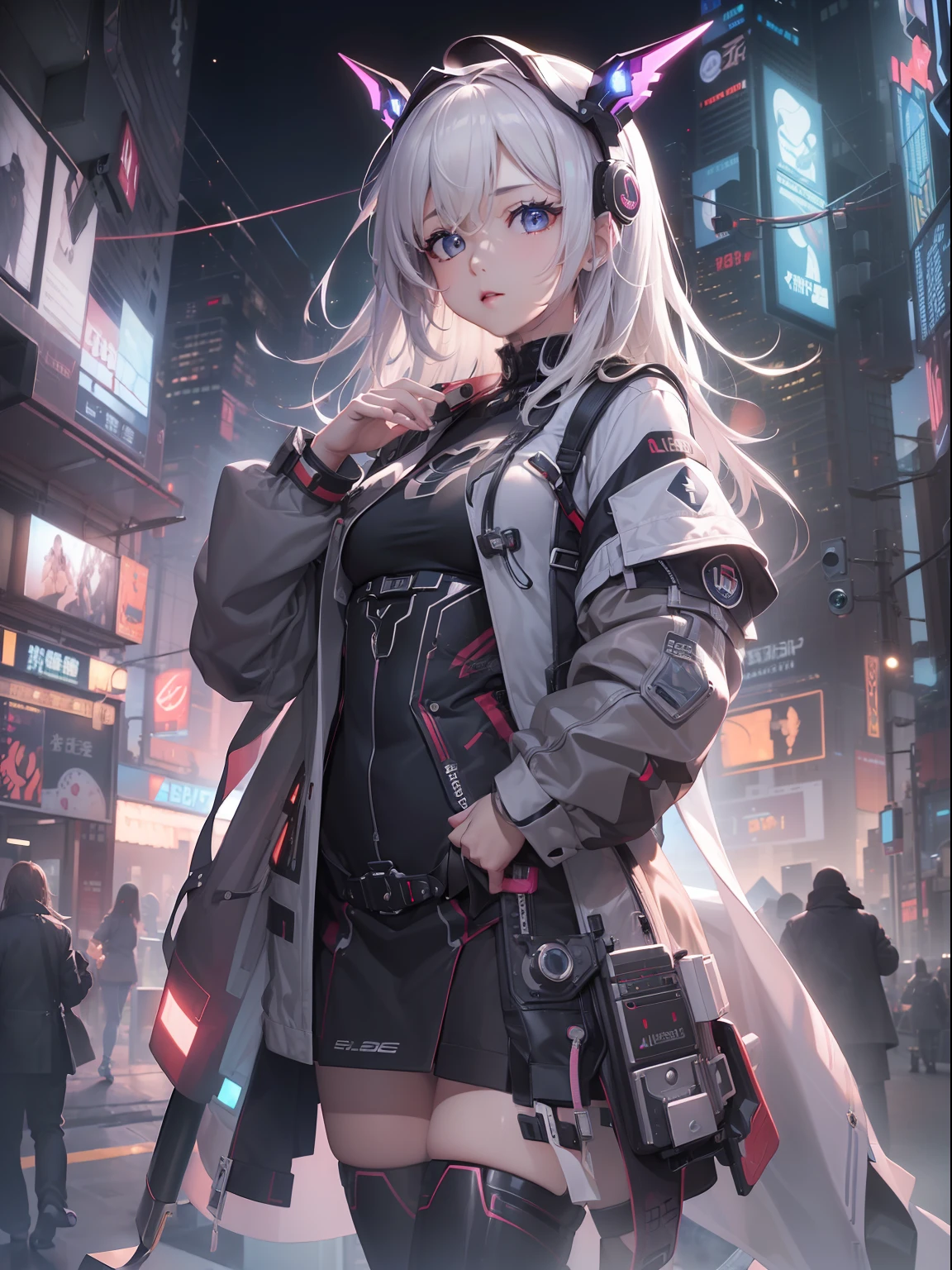 (((masterpiece)))、(((top-quality)))、((ultra-definition))、(High Definition CG Illustration)、((extremely delicate and beautiful))、City of the Future、Cinematic Light、独奏、full body Esbian、cyberpunked、2080s、animesque、Dreamy girl、Small devil、trending on artstationh、Rachel Walker、