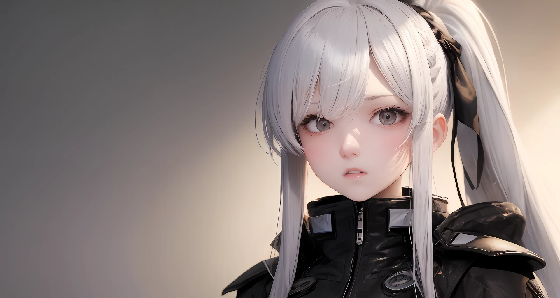 Tall girl with white long hair, braided in a ponytail with bangs on the left eye and silver eyes