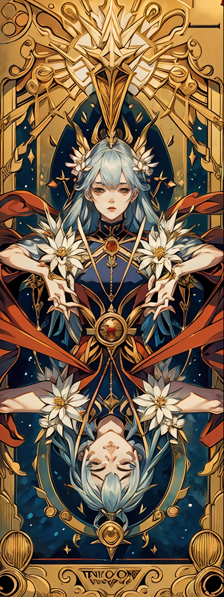 （tarot cards：1.4），Symmetrical up and down，frame，offcial art，rem，Devil's Point，full bodyesbian，Fold your hands，Flowers bloom，（Extremely detailed：1.4），tmasterpiece，super-fine，best qualtiy，8K分辨率，Golden-red most