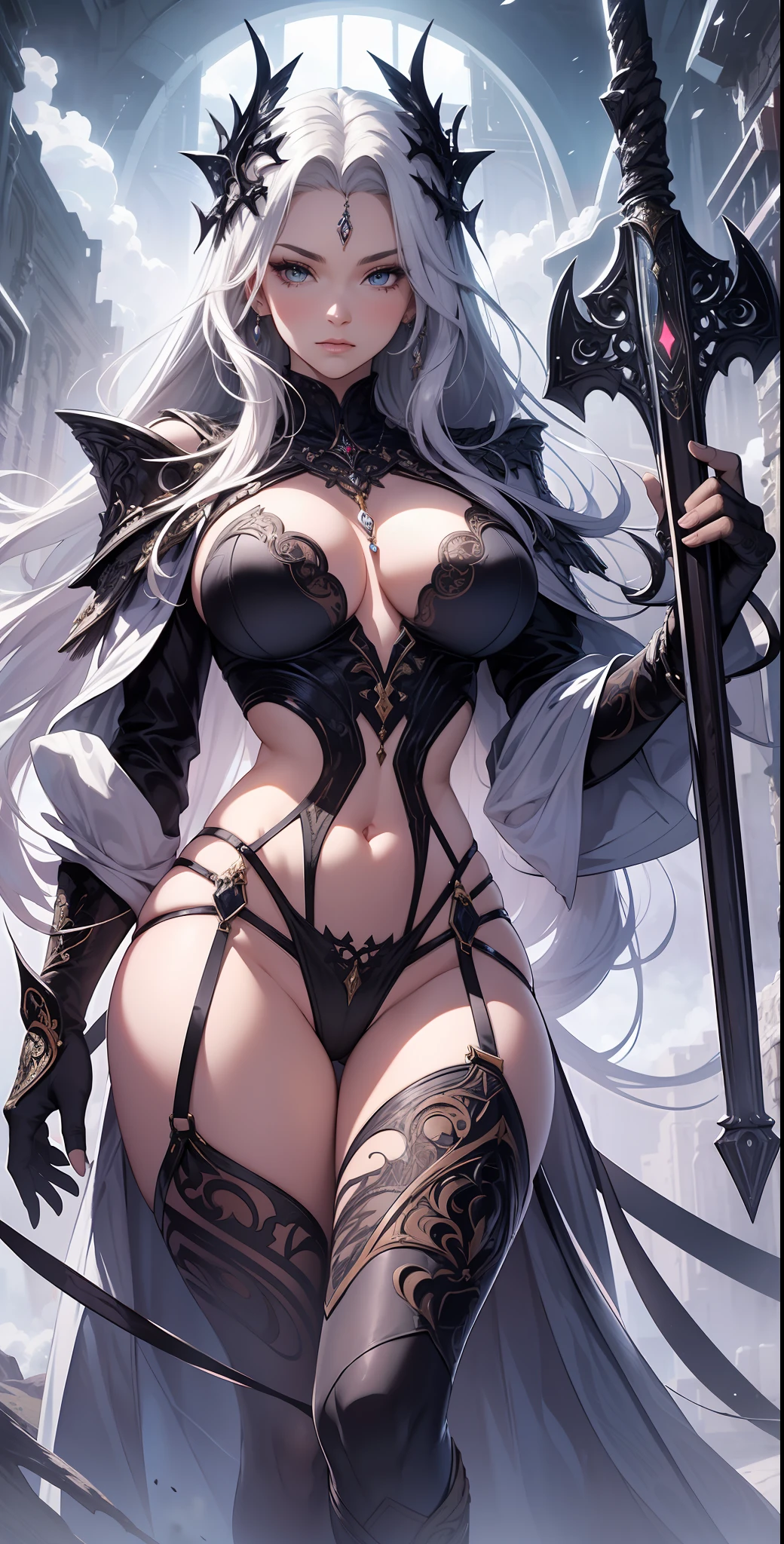 absurdres, highres, detailed, ((best quality)), ((masterpiece)), ((intricate and highly detailed)), fantasy, beautiful sexy elegant woman, holding a giant legendary glowing sword, modern, black-white, ((futuristic)), body chains, jewelry, ribbons, robes, straps, floating in the clouds, imposing stance.