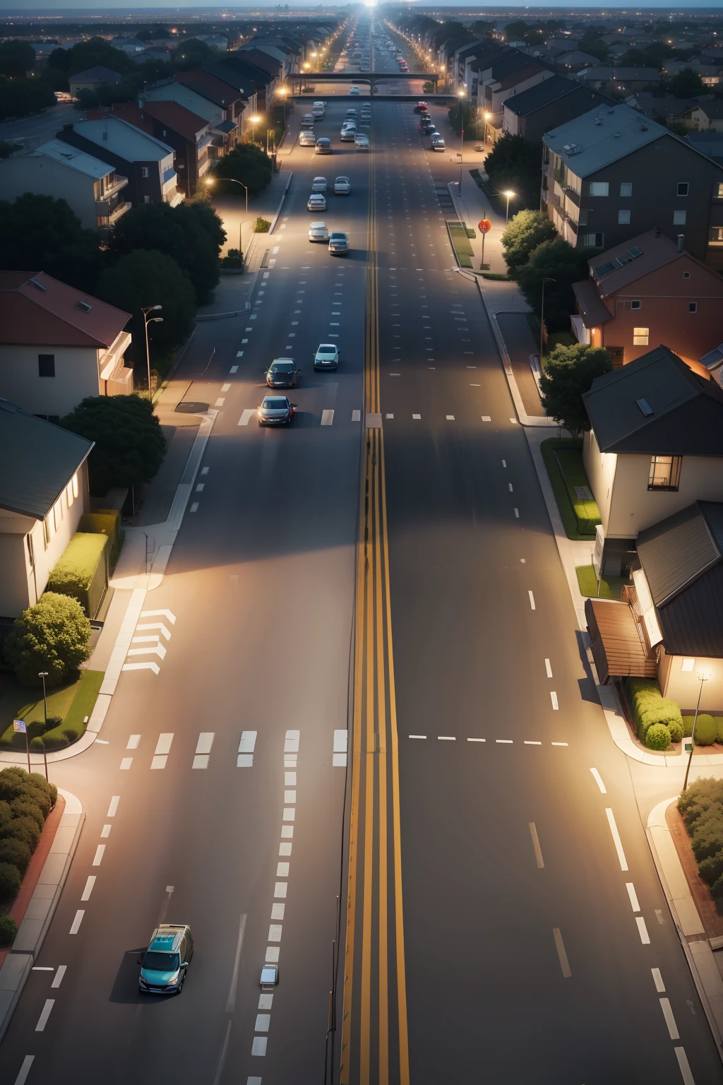 building rendering，Municipal roads，Asphalt pavement，the street lights，green belt，vehicles，pedestrians，Superb image quality