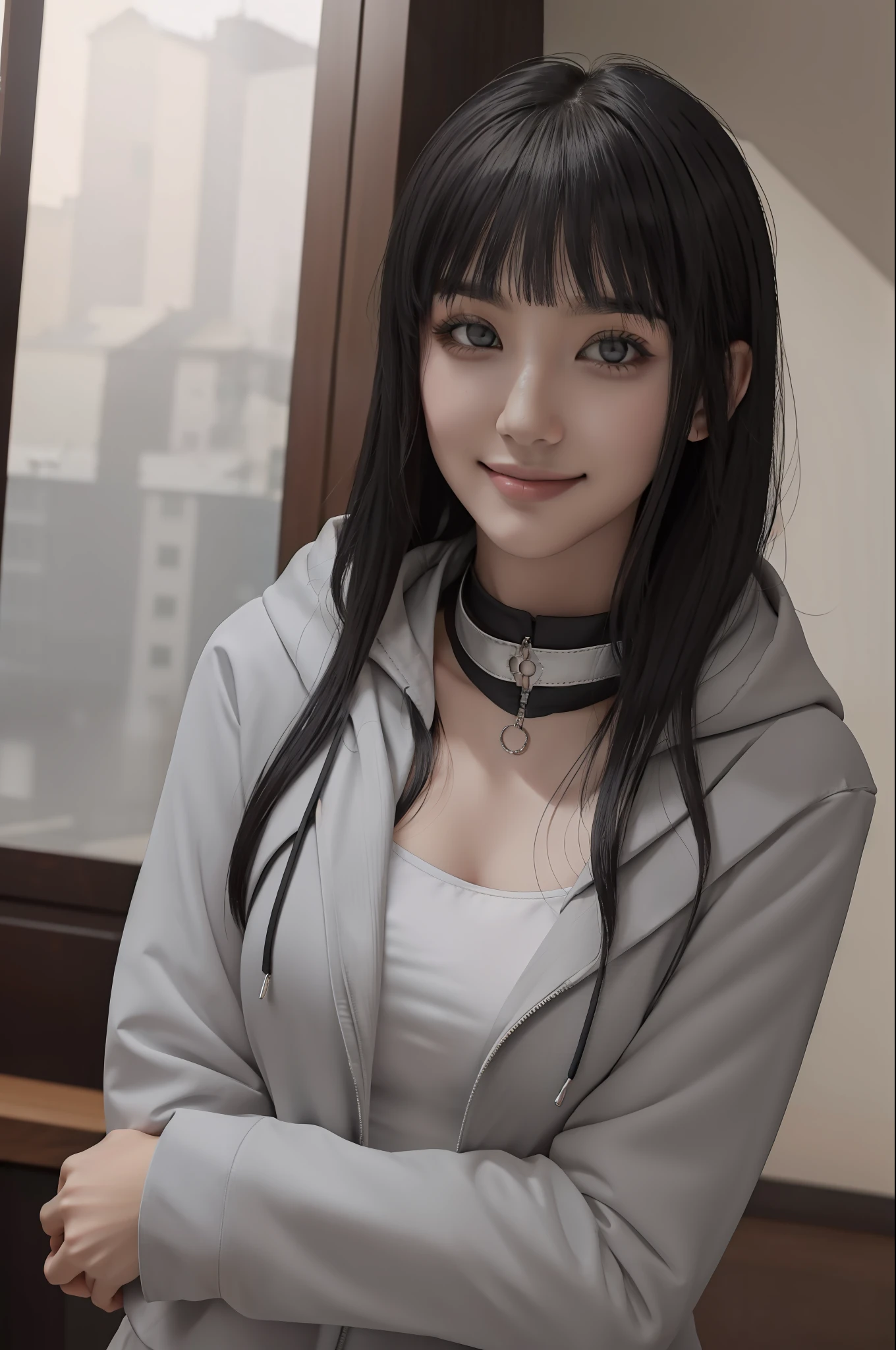 beautiful, masterpiece, best quality, extremely detailed face, perfect lighting, 1girl, hinata, hyuuga hinata, bangs, empty_eyes, black_hair, blunt_bangs, grey eyes, grey sleeves, headband_around_neck, highres, hime cut, hooded_cardigan, long sleeves, looking_at_viewer, petals, smile, solo, straight hair, upper body, hooded jacket, perfect body