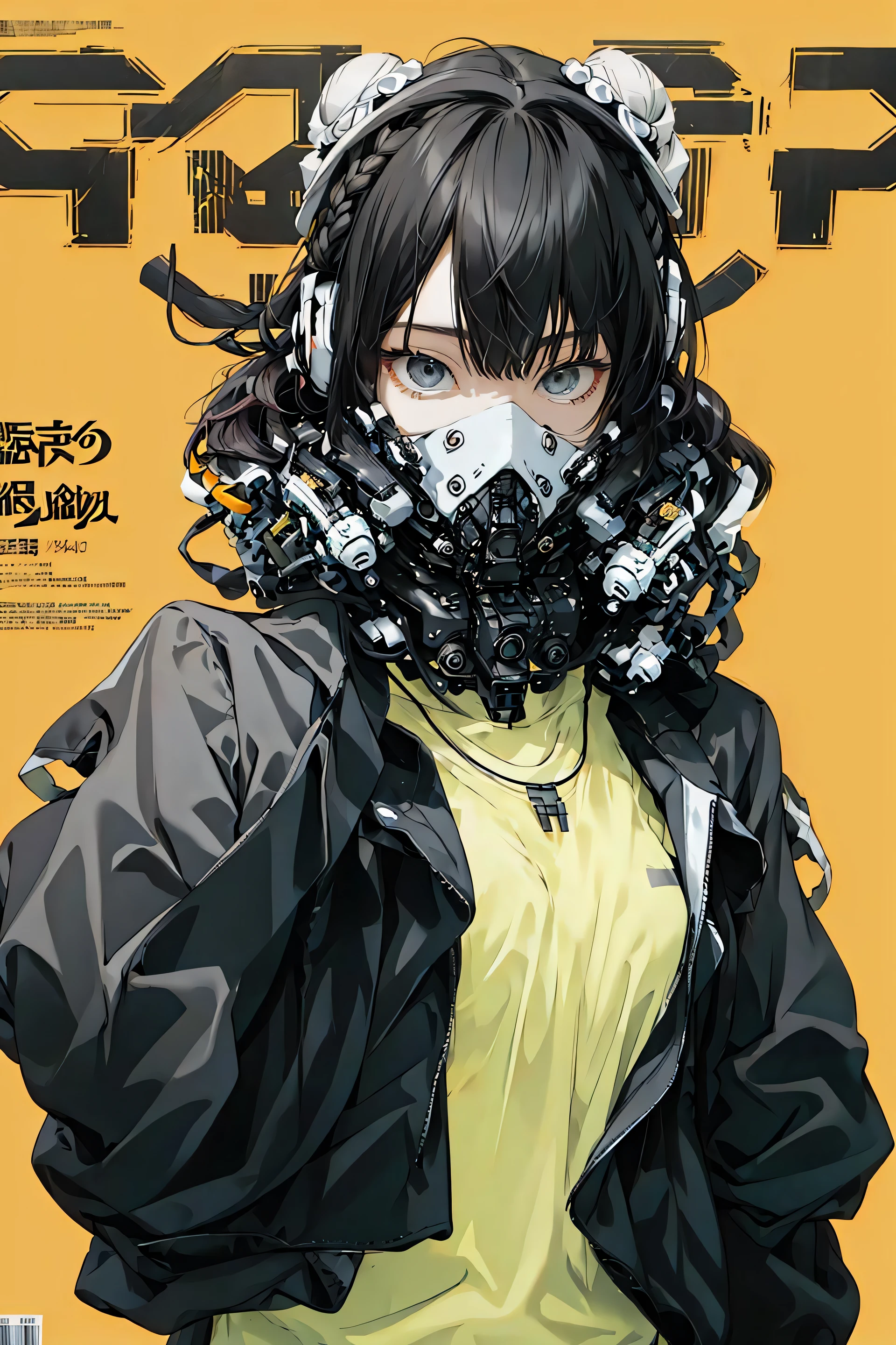 (magazine cover:1.3),ulzzang-6500, (realistic: 1.3) (original: 1.2), masterpiece, best quality, beautiful clean face, fullbody, 1woman, (wearing black and white and cobalt scifi techmask and headphones with complex electronics), wearing black techwear jacket and orange trousers with buckle and tape, (crystal necklace), posing for a picture, (white braided bun hair),