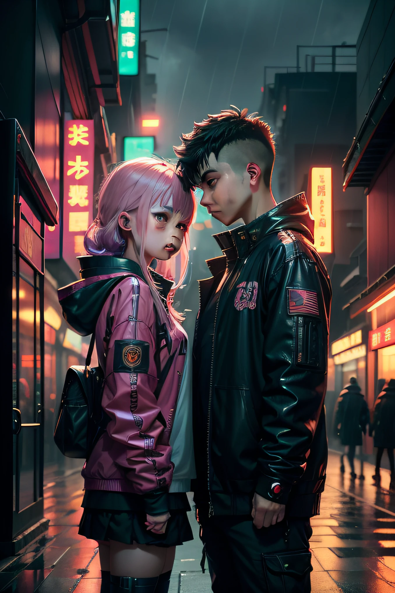 in the cyberpunk city, rain, highres, science_fiction, mesugaki, loli, kawaii, multiple girls, 2boys, trap, shota, yuri,