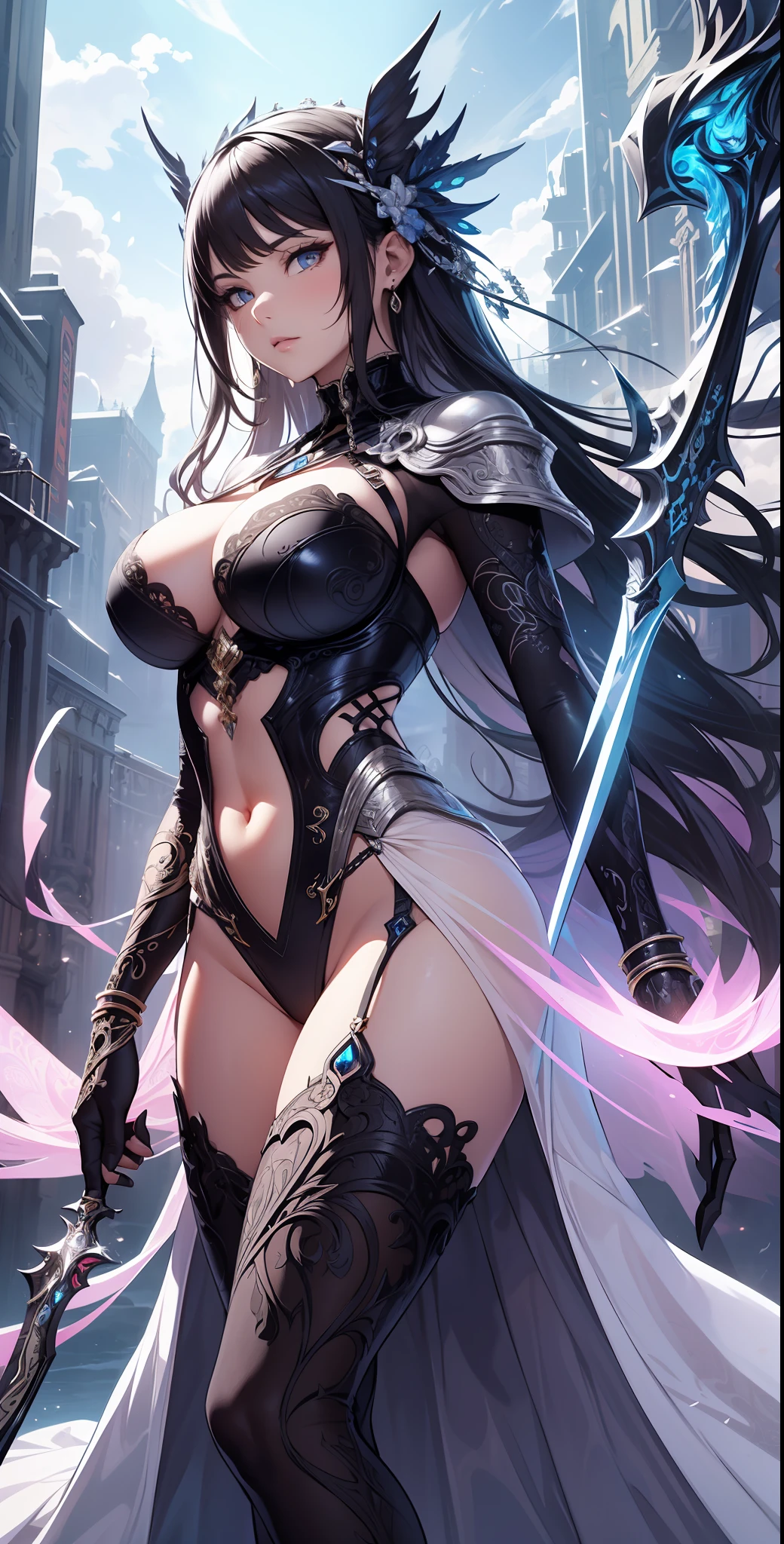 absurdres, highres, detailed, ((best quality)), ((masterpiece)), ((intricate and highly detailed)), fantasy, beautiful sexy elegant woman, holding a giant legendary glowing sword, modern, black-white, ((futuristic)), body chains, jewelry, ribbons, robes, straps, floating in the clouds, imposing stance.