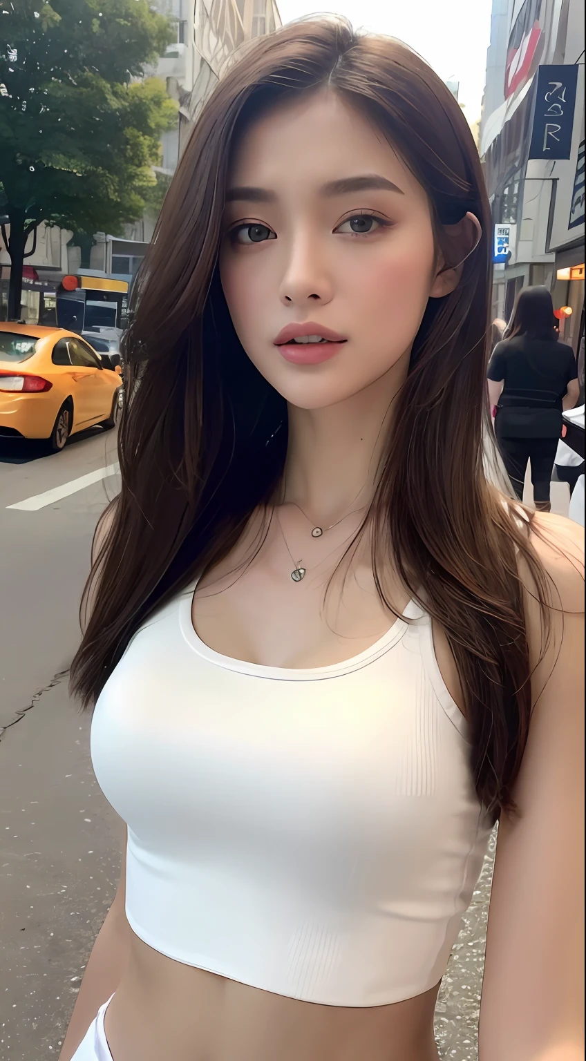 ((Realistic lighting, Best quality, 8K, Masterpiece: 1.3)), Clear focus: 1.2, 1girl, Perfect Figure: 1.4, Slim Abs: 1.1, ((Dark brown hair)), (White crop top: 1.4), (Outdoor, Night: 1.1), City streets, Super fine face, Fine eyes, Double eyelids,