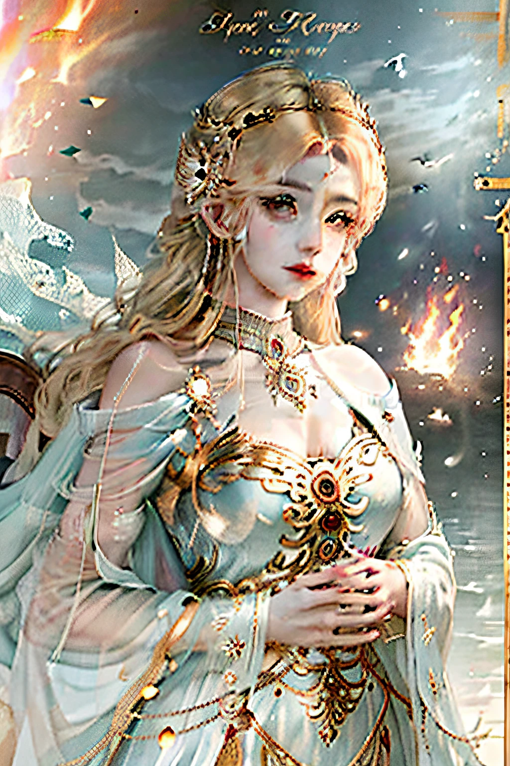 A woman holds a dove painting all over her body, Charismatic goddess, tarot cards, Aries tarot cards, Emperor Tarot cards, holy fire spell art, beautiful goddess woman, , the god emperor of mankind, ,8K,Tarot border