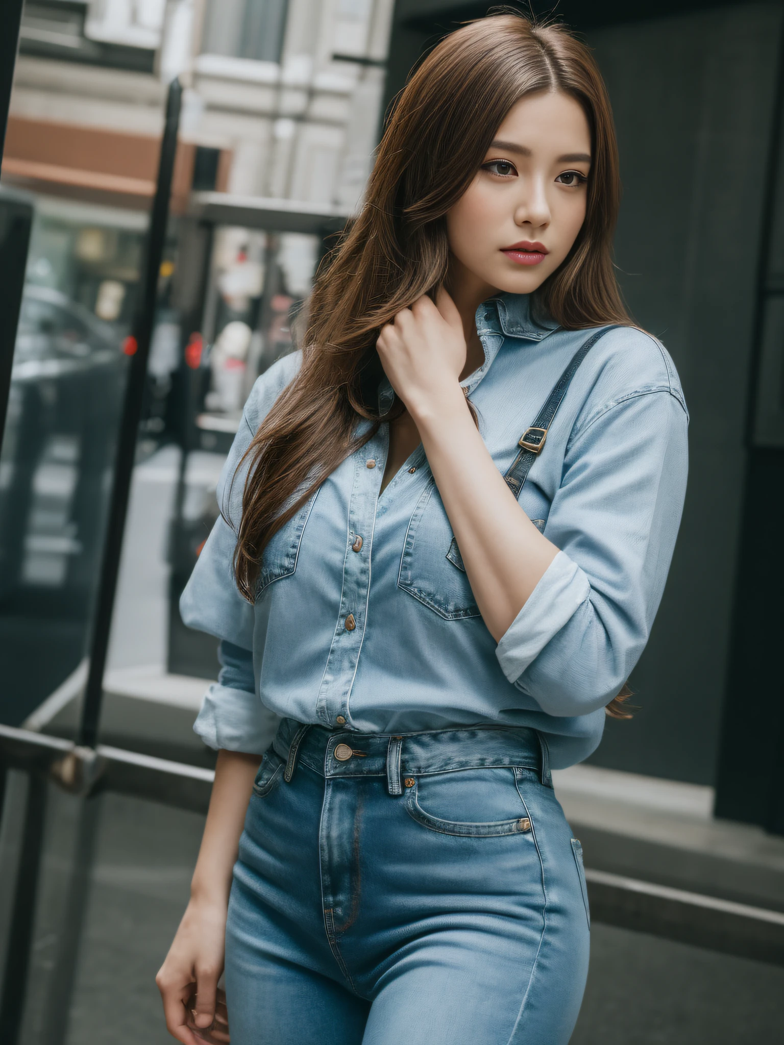 ((Realistic lighting, best qualtiy, 8K, tmasterpiece:1.3)), sharp fokus:1.2, 1个Giant Breast Girl, full bodyesbian,nipple tops,blue denim pants,high-heels,Beautiful Women with Perfect Figure:1.4, ((dark brown hair)), Ultra-fine face,Fine eyes,二重まぶた,(Outdoor 1.1),the city street