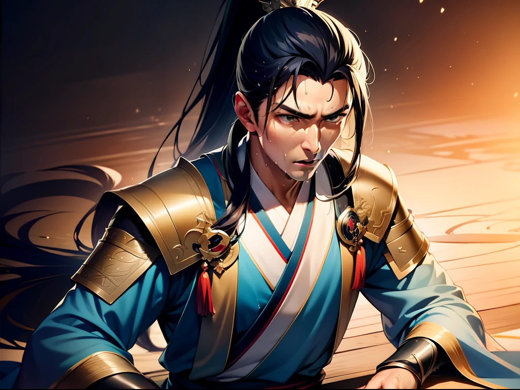 quadratic element，style of anime，Female Warrior，Manteau blanc，The proportions are correct，Face details，swordsmen，High ponytail hairstyle，perspired，Sweat on the face，drools，Neck details，There is an Adam's apple，Get wet，Drenched，Hanfu costume，kaftan，Embroidered robes，Robes，clothes details，Handing over，longer sleeves，Game quality，Swordsmanship，Light and shadow tracking，Ray traching，detailed glow，cg render，hair detail，cabelos preto e longos，Golden eyes，Sweat on the face，handsome，Handsome，Beads of sweat slipped down my neck，（juvenile sense），Clothing is complicated，Drenched，Get wet，Perfectcomposition，Refinement，high qulity，higher details，Lots of details，The background is complex，a sense of atmosphere，