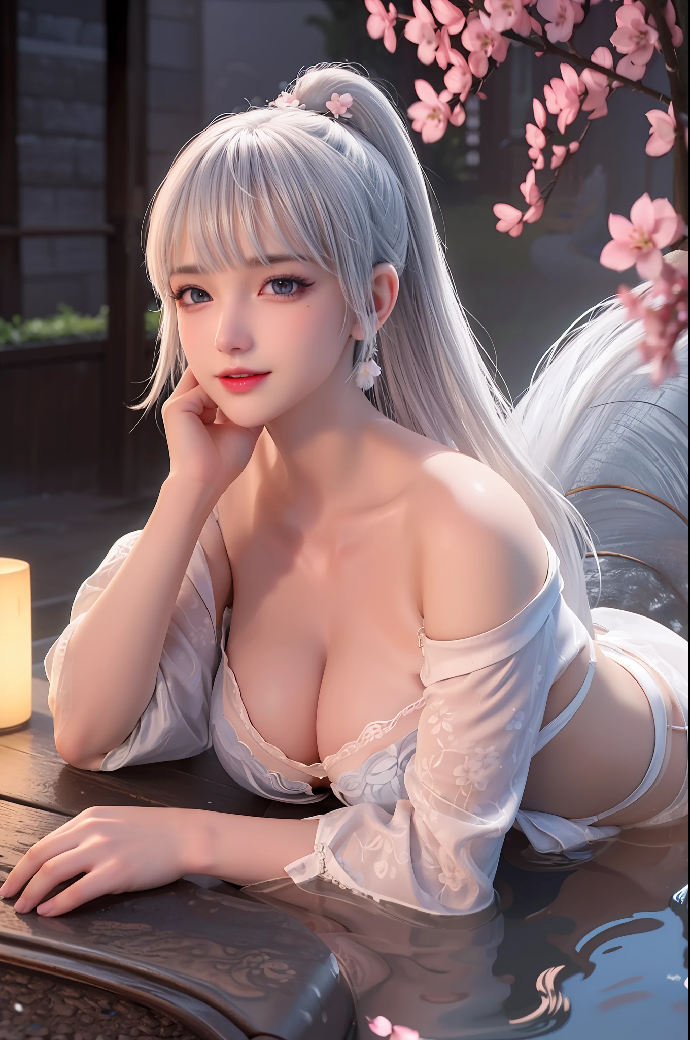 delicated best quality ,masterpiece, illustration, an extremely delicate and beautiful, extremely detailed ,CG ,unity ,8k wallpaper, Amazing, finely detail, masterpiece,best quality,official art,extremely detailed CG unity 8k wallpaper,absurdres, incredibly absurdres, huge filesize , ultra-detailed, highres, extremely detailed,beautiful detailed girl, extremely detailed eyes and face, beautiful detailed eyes,light on face,1girl, (Super realistic), ((( white hair))), (high ponytail), (two bunches of hair in front of the ear), (blue eyes), ((jewelry)), (hair jewelry), (((describe the arm in detail))), (((Super boobs))), ((sagging breasts)), ((Plump body)), (Big breasts), (thighs), ((Plump boobs)),, (detailed description of hair), ((upper body)), (Bare shoulder), ((collarbone)), (off shoulder), (Shiny skin), (detailed description of face), (Extremely detailed description of the eyes), (detailed description of body), (white and translucent skin), peerless beauty, (extreme beauty), (red lips), (shy ), (seductive smile), ((facing the viewer)), ((facing)), (((Kimono))), (((cherry blossom))), (snowing), (She sits gracefully by the tranquil cherry blossom lake, moonlight), the water surface is reflective, (any pose), (((soaked))), ((There is a lot of water on the body))