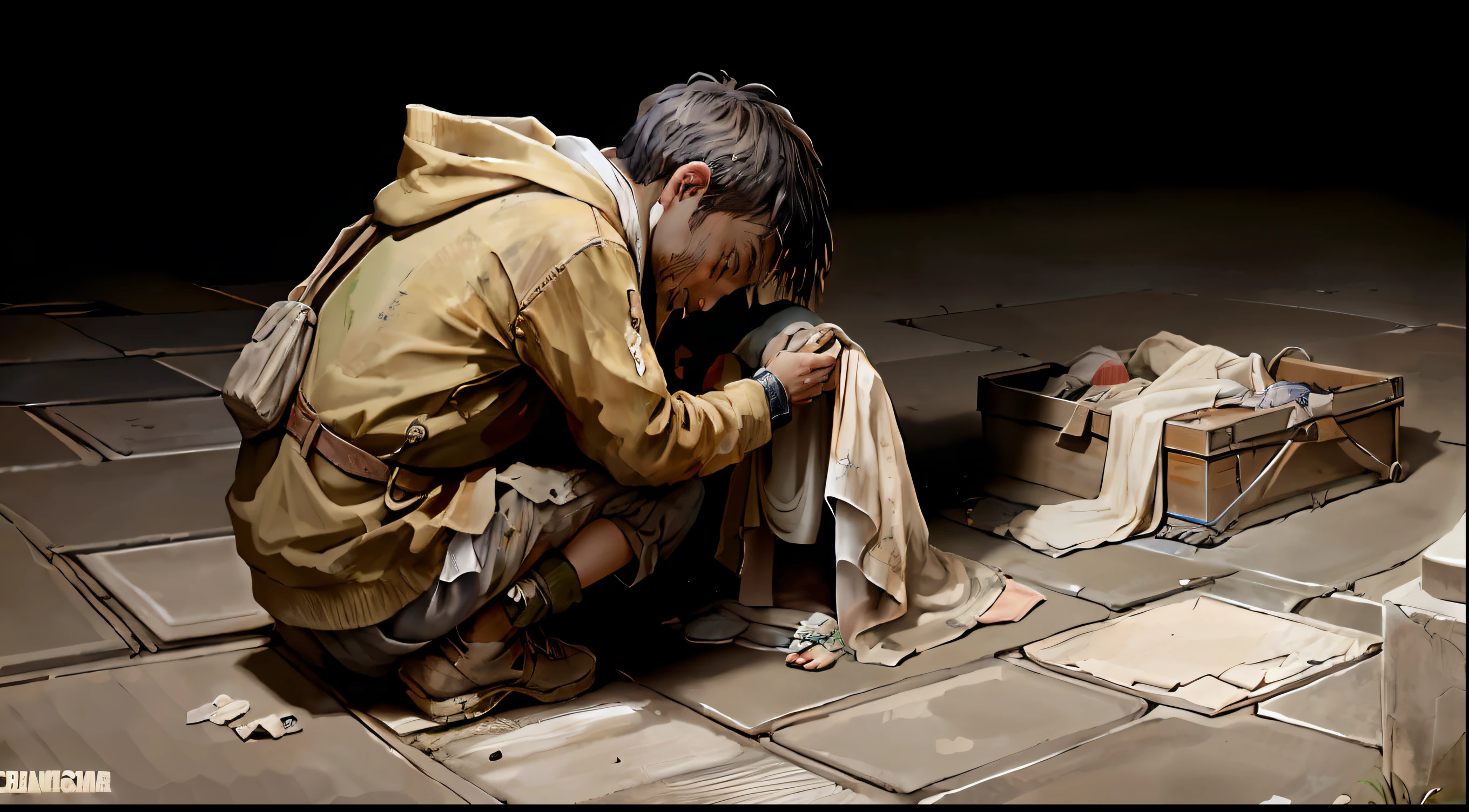 A beggar crouched on the ground,Broken clothes、The clothes are dirty,The ground is dirty